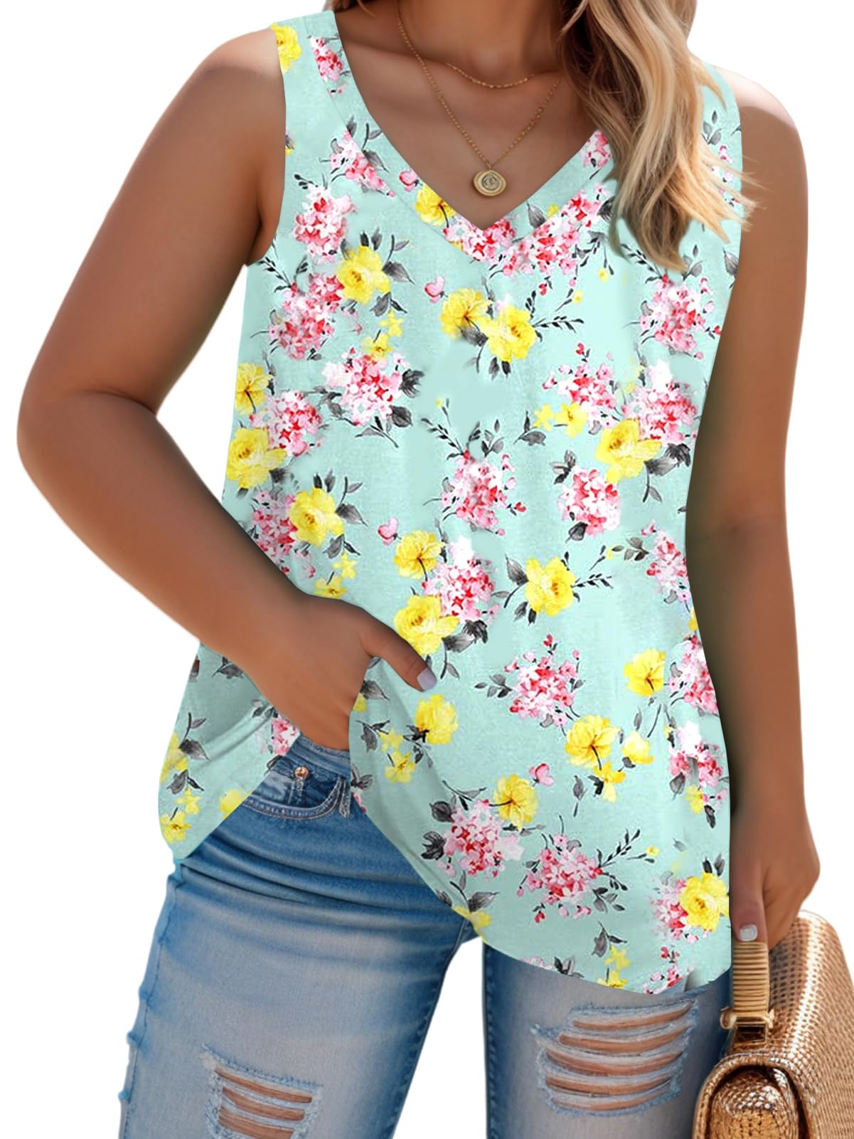 ROSRISS Women's Plus Size V Neck Sleeveless Tank Tops - Summer Casual Tunic Tee Shirts for Workout, Beach & Everyday Wear