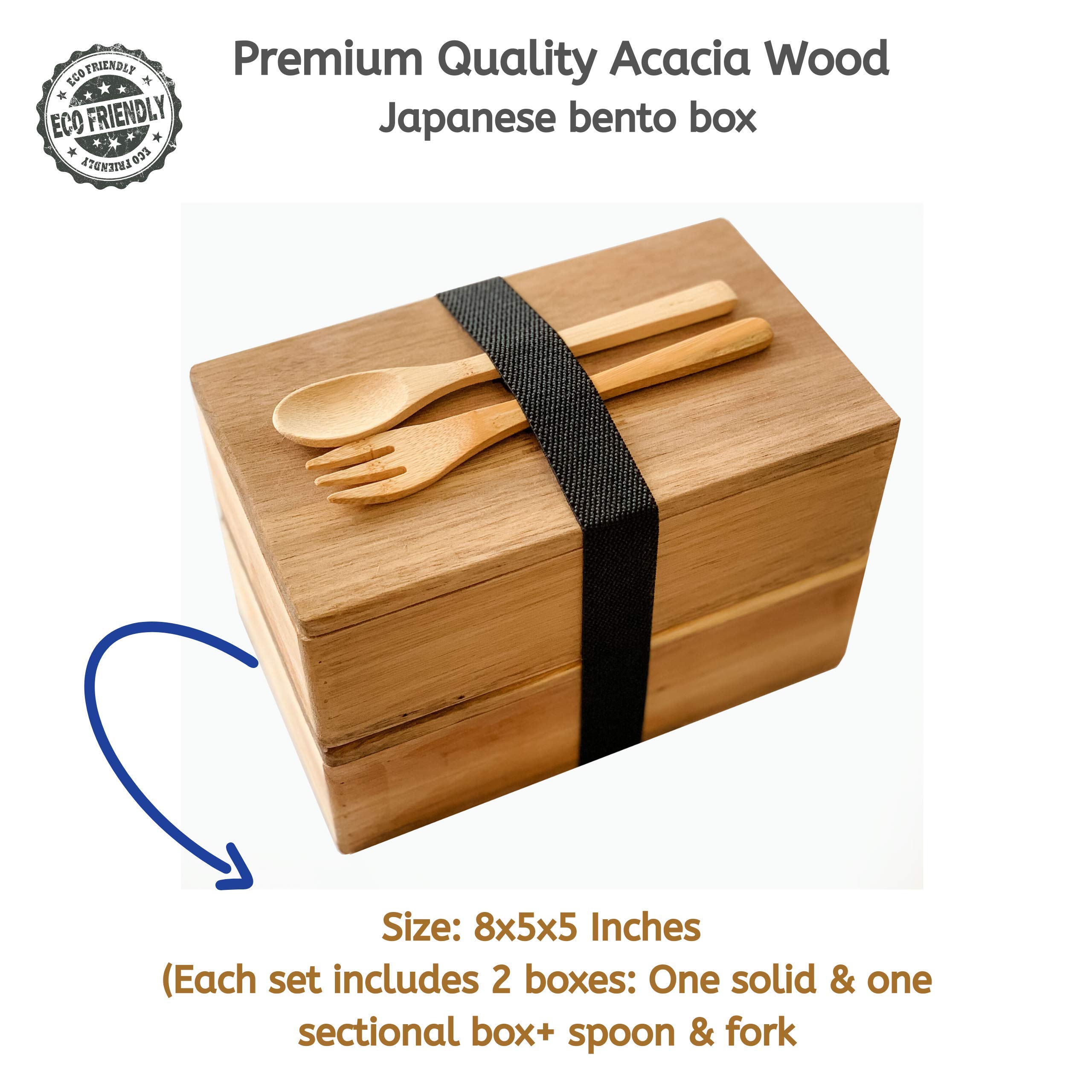 Japanese Style Natural Wooden Lunch Box - 100% Handmade Portable Bento Box with Fork & Spoon | Eco-Friendly Food Container for Office, School, Picnic, Hiking & Camping | Perfect for Meal Prep & Outdoor Dining