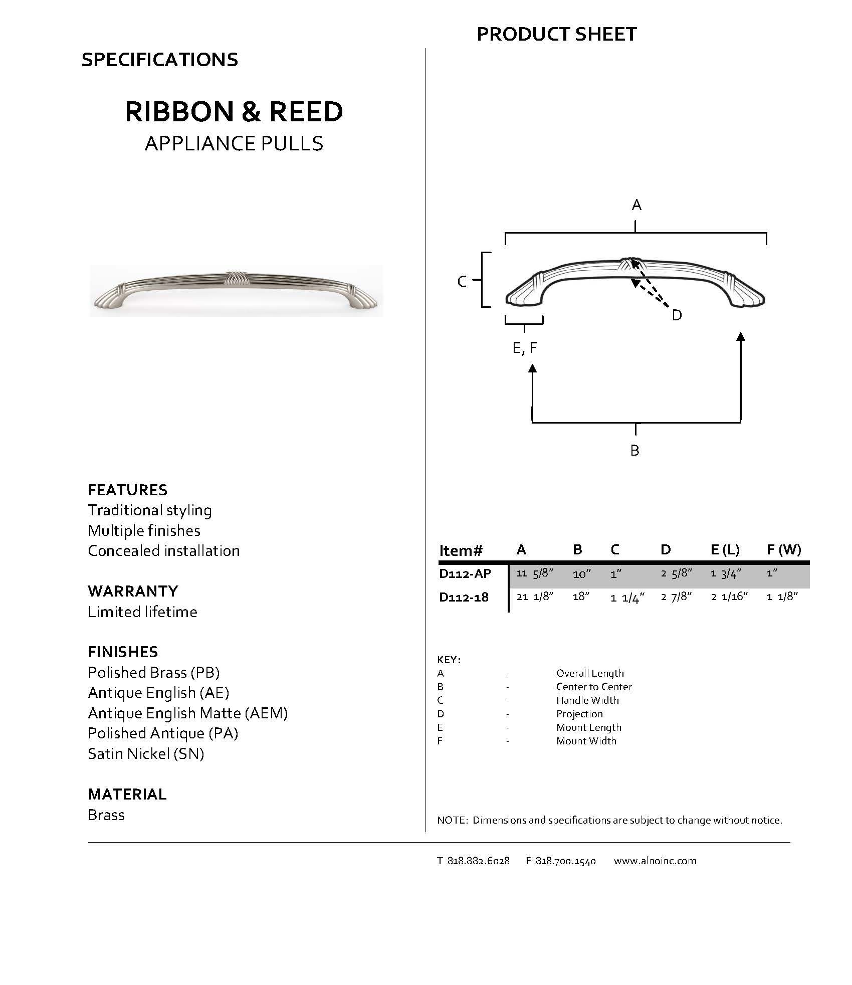 D112-18-PB Traditional Appliance Pull Ribbon & Reed Handle - Polished Brass Cabinet Hardware for Kitchen & Bathroom Renovation - Perfect for Drawers, Cabinets and Furniture Upgrades