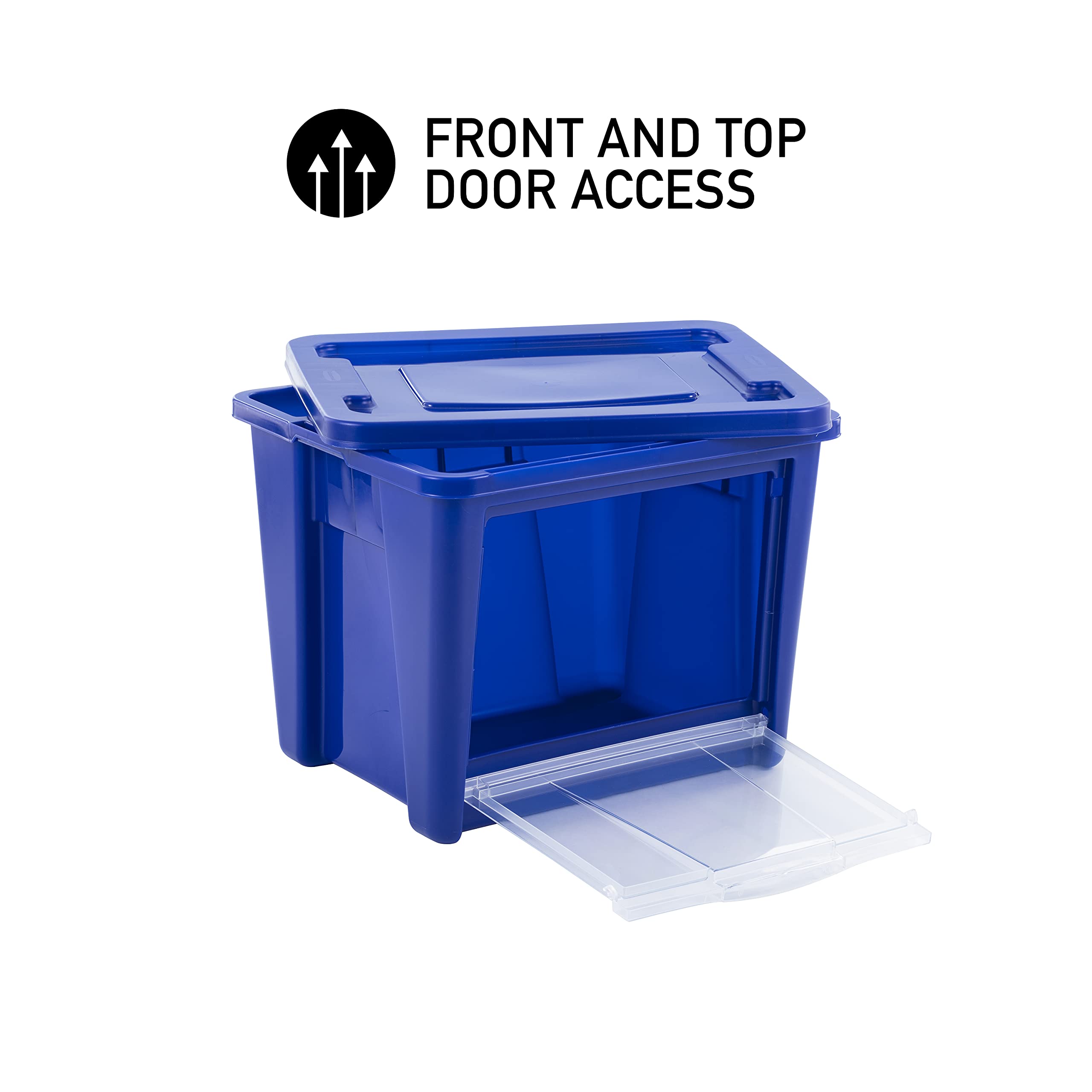 Rubbermaid Medium All-Access Storage Tote with Lids (2-Pack) - Stackable Clear Drop-Down Door Organizer Bins with Carry Handles for Closet, Pantry & Home Organization - Blazer Blue with Clear Door - Perfect for Bedroom, Office & Kids' Room Storage