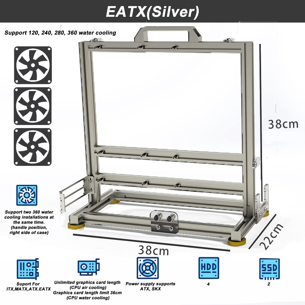 Aluminum Alloy Open Frame ATX Computer Case - EATX Compatible Gaming PC Chassis with Water Cooling Support | Perfect for Custom Builds, Showcase Rigs & Creative PC Setups