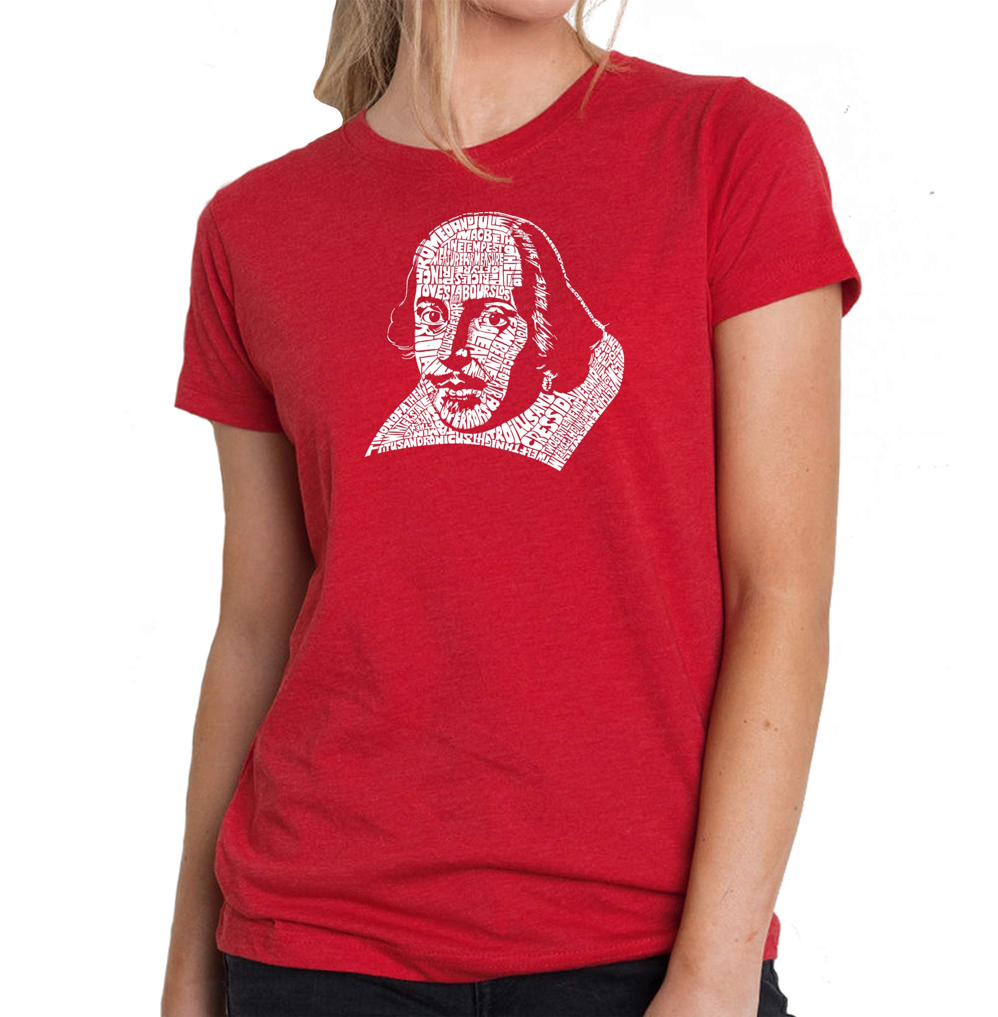 LA POP ART Women's Premium Blend Word Art T-Shirt - Featuring All William Shakespeare's Comedies & Tragedies | Literary Gift for Book Lovers & Theater Fans | Perfect for Shakespeare Festivals, Book Clubs & Theater Events