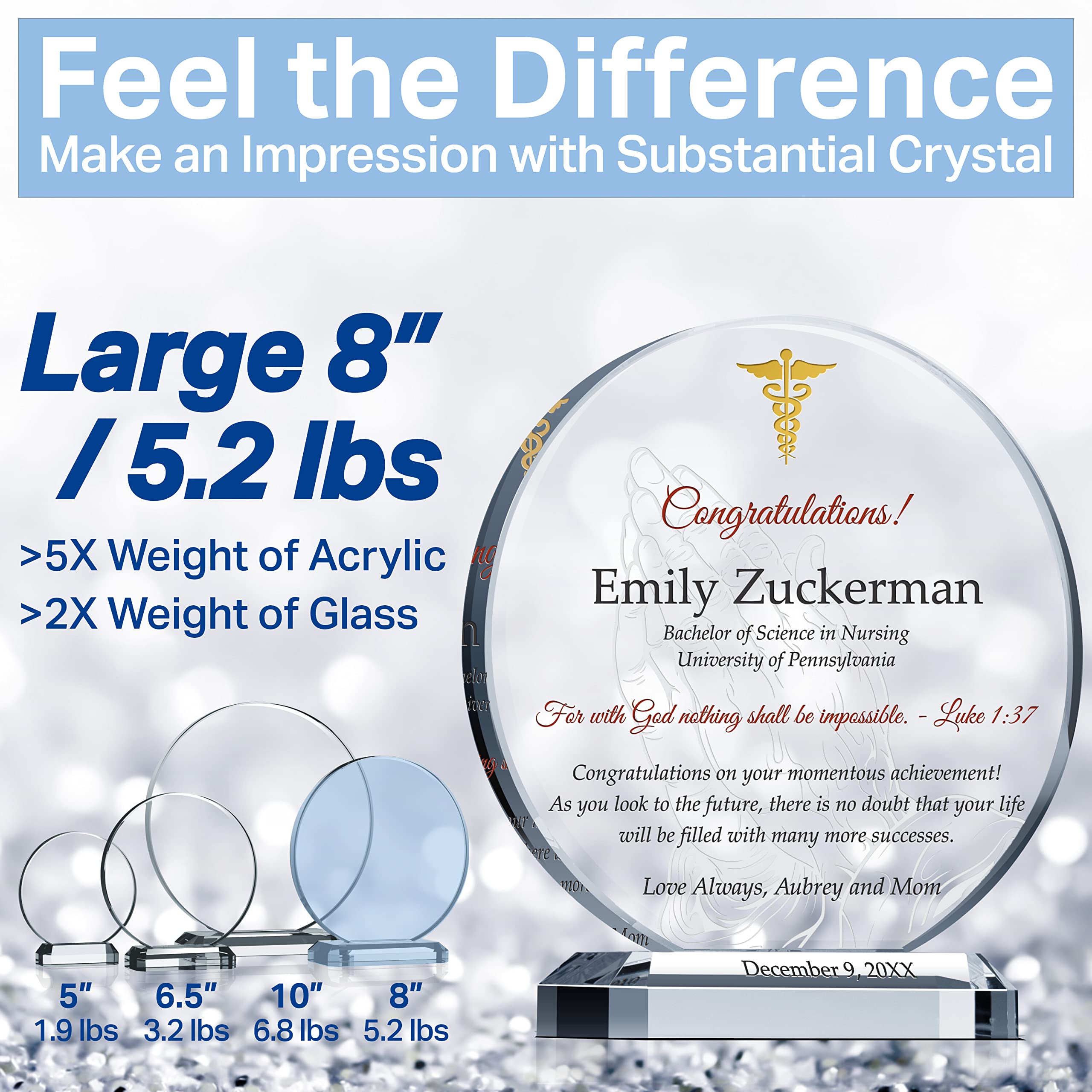Personalized Crystal Nursing School Graduation Plaque - Custom Engraved with Name, School & Degree - Unique RN Graduation Gift for Women, Daughter, Granddaughter or Sister - Perfect for Graduation Ceremonies, Office Display & Home Decor (XL-10)