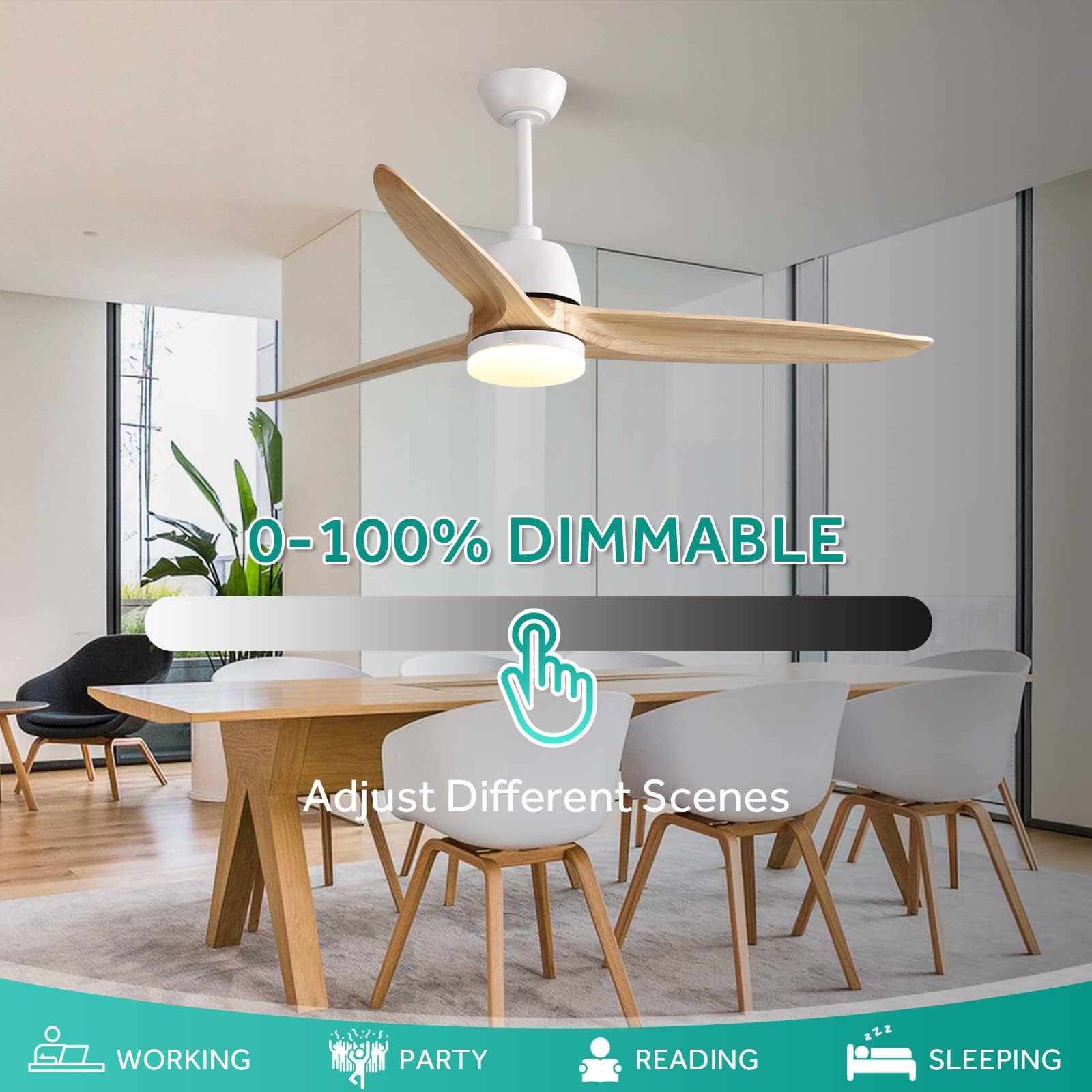 56 Inch Wood Ceiling Fan with Light & Remote Control - 6-Speed Quiet Energy Saving Indoor Ceiling Fan, 3-Blade Light Wood Grain Design - Perfect for Living Room, Bedroom & Office