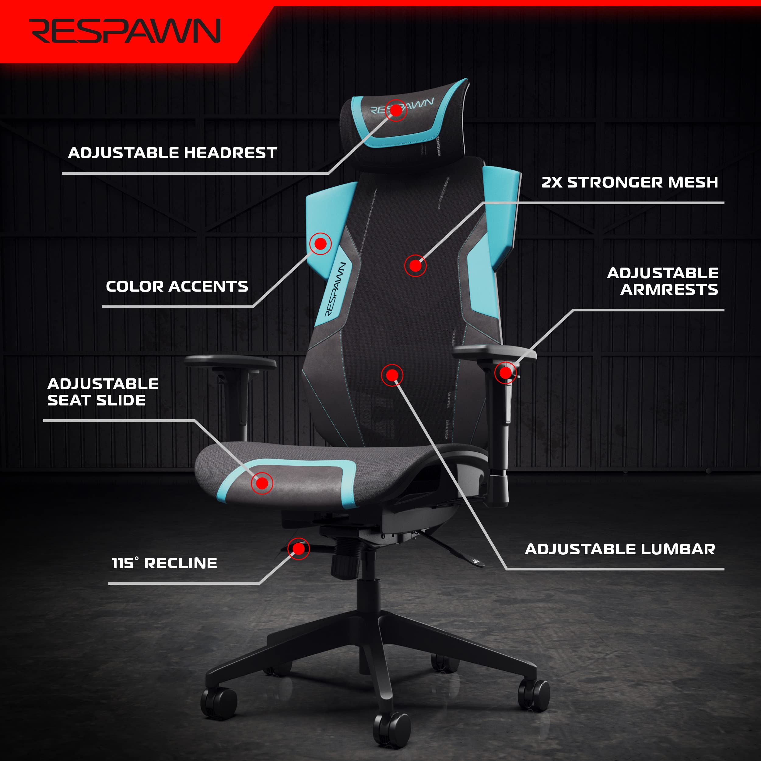 RESPAWN FLEXX Ergonomic Mesh Gaming Chair with Lumbar Support - Adjustable Recline, Tilt Tension & Armrests - 300lb Weight Capacity - Teal Office Chair for Computer Gaming, Work & Home Desk Setup