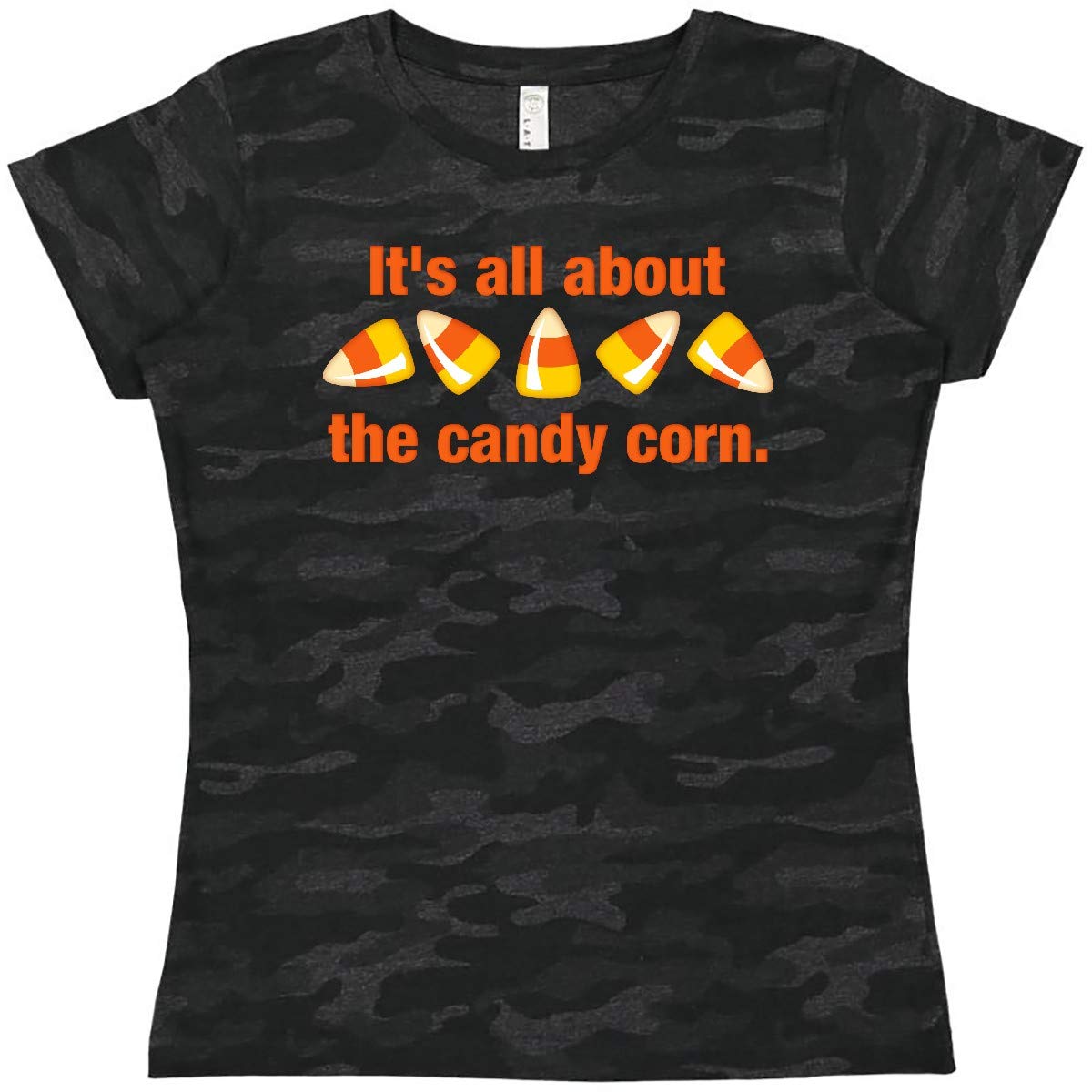 Inktastic All About The Candy Corn Women's T-Shirt | Funny Halloween Graphic Tee | Cute Casual Fall Outfit for Trick or Treating & Pumpkin Patch