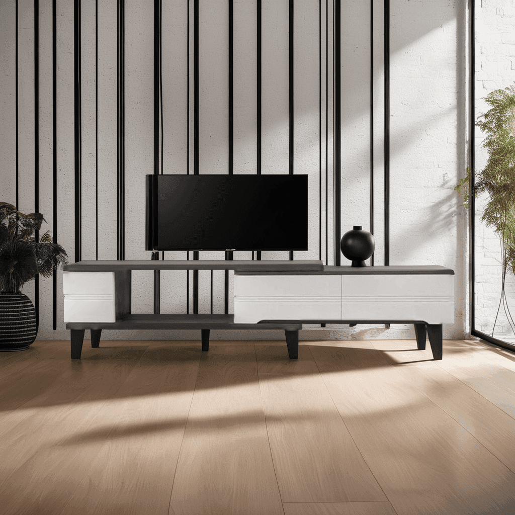 Judith Extendable TV Stand with Glossy White Jade Stone Top - Modern Entertainment Center for Living Room, Bedroom & Home Theater Setup