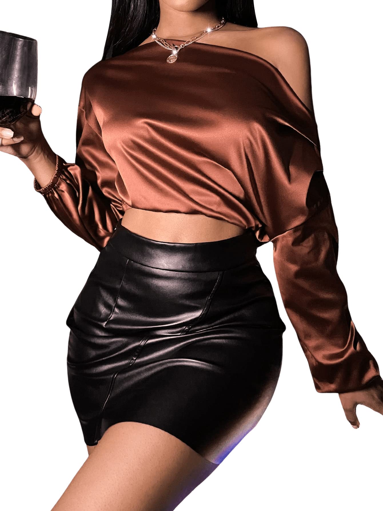 SheIn Women's Sexy Satin One Shoulder Long Sleeve Crop Blouse Shirt Top - Elegant Party Wear & Night Out Outfit for Women