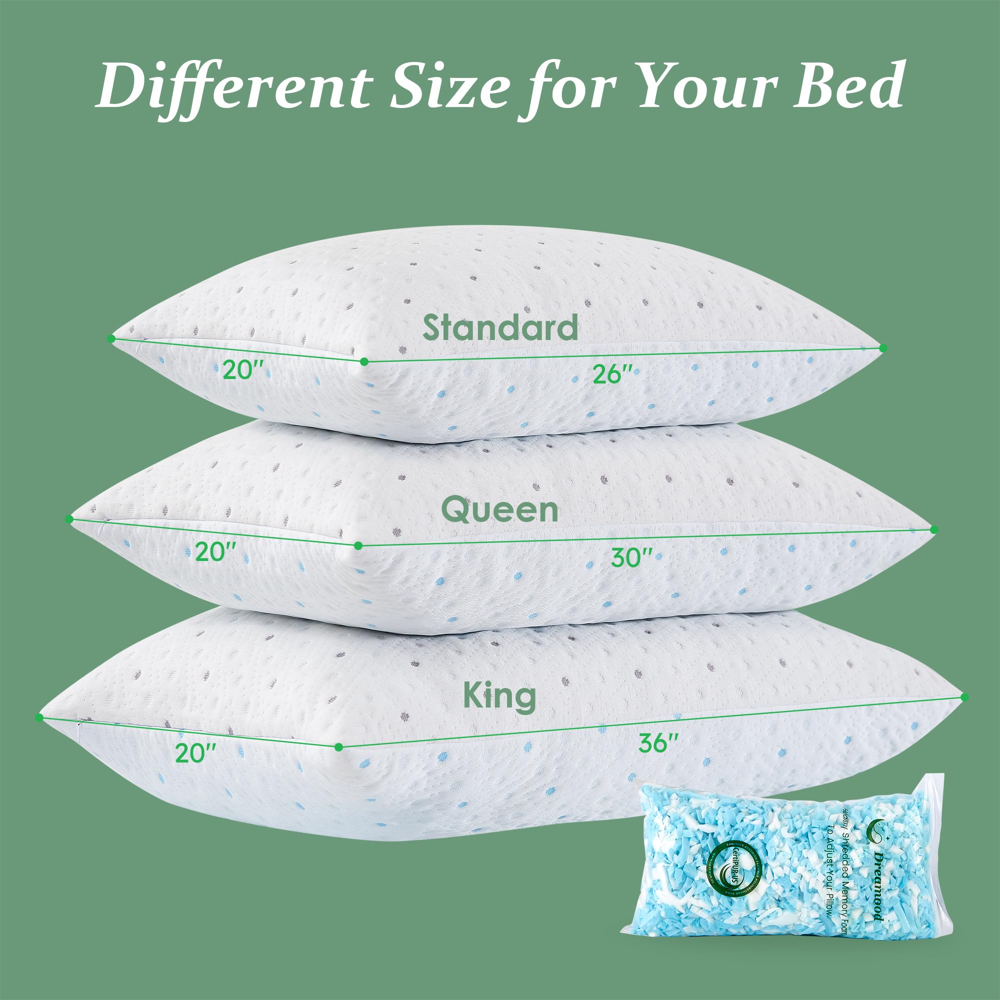 Queen Size Cooling Pillows Set of 2 - 100% Shredded Memory Foam with Extra Stuffing & Washable Cover - Hypoallergenic Bed Pillows for Side, Back & Stomach Sleepers - Perfect for Hot Sleepers & Allergy Relief
