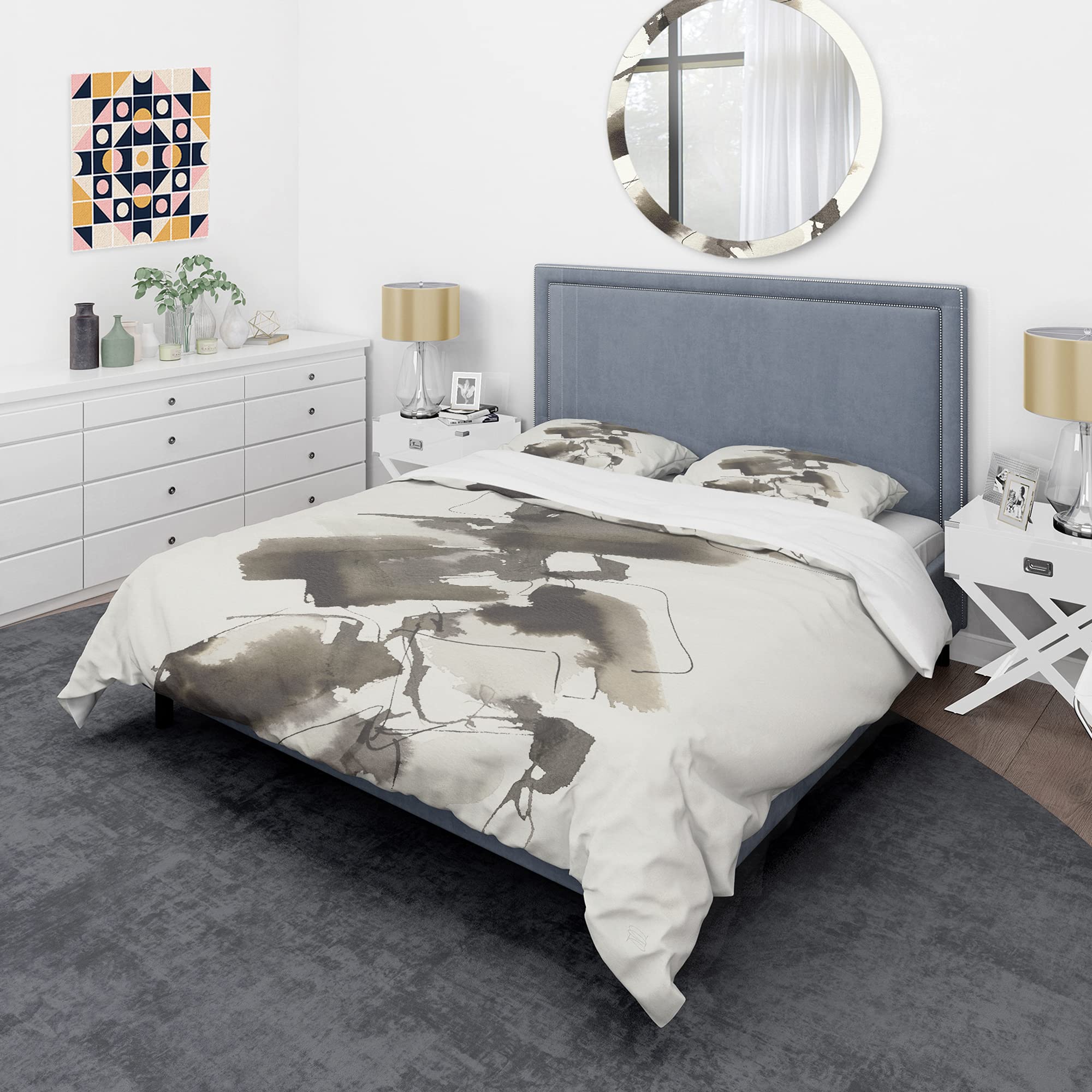 DesignQ Geometric Glam Square Modern Duvet Cover Set - Twin Size Black Abstract Bedding 3-Piece Set | Contemporary All-Season Comforter Cover for Teen & Guest Room Decor