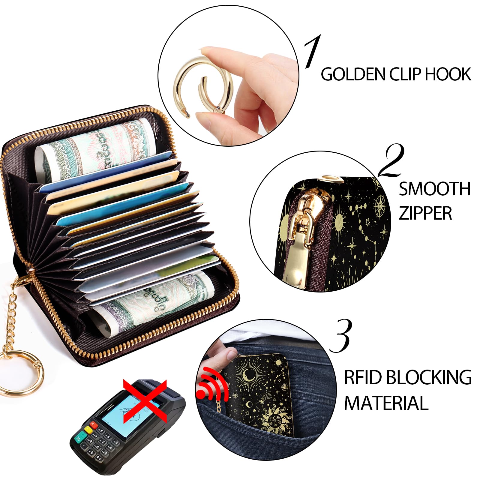 RFID Blocking Leather Credit Card Holder Wallet for Women - Compact Zipper Keychain Design with Funny Print, Accordion Style for Multiple Cards - Perfect for Travel, Shopping & Everyday Use