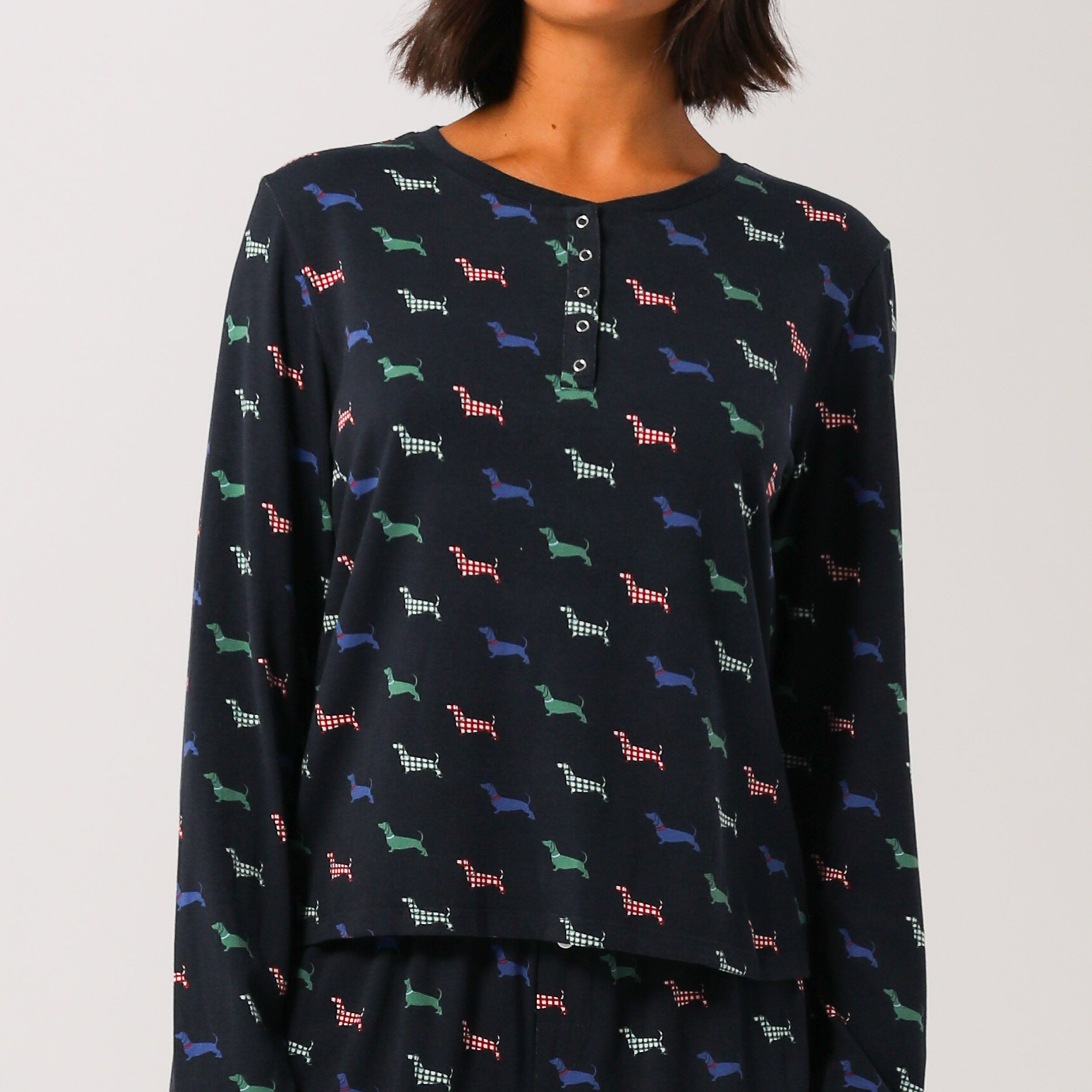 Eco-Friendly Women's Bamboo Long Sleeve T-Shirt - Soft & Breathable Doggy Check Print in Navy Blue | Perfect for Casual Wear, Yoga & Outdoor Activities