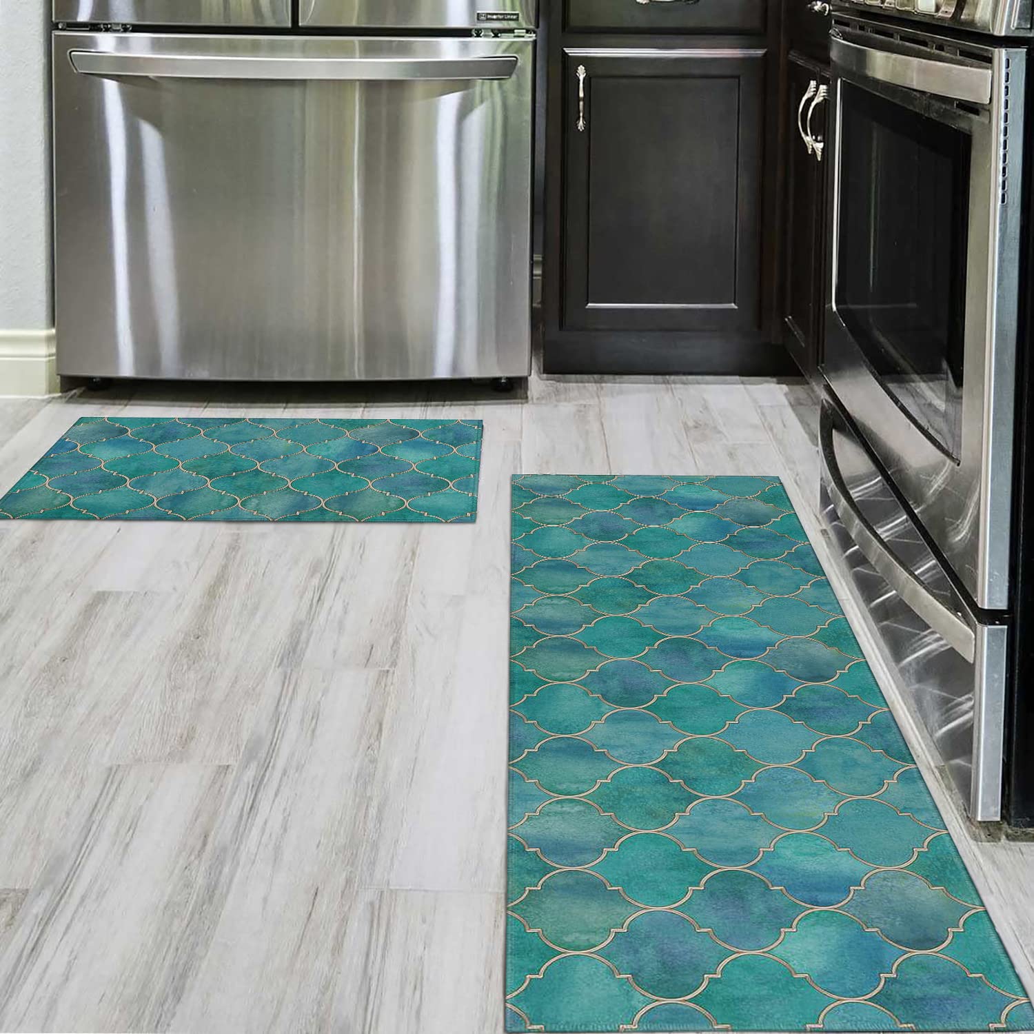 Non-Slip Washable Teal Kitchen Rugs Set of 2 - Soft Turquoise Decor Floor Mats for Kitchen, Dining Room & Entryway - Anti-Skid Bathroom Rug Pads with Non-Slip Backing (2-Piece Set)