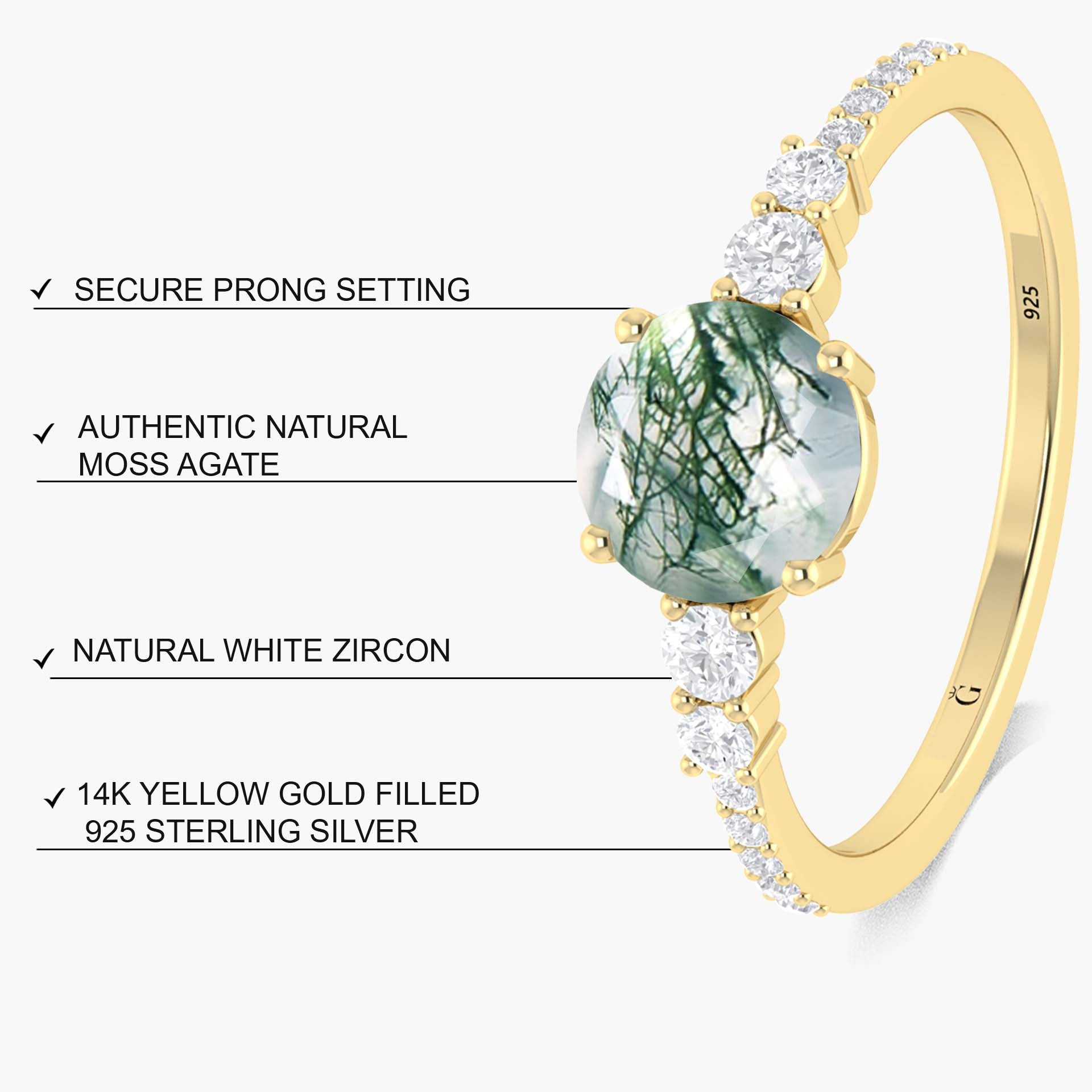 Round Moss Agate Gold Wedding Ring for Women - Elegant 14K Gold Plated Gemstone Engagement Ring, Promise Ring or Anniversary Gift for Her - Perfect for Bridal, Proposal & Special Occasions