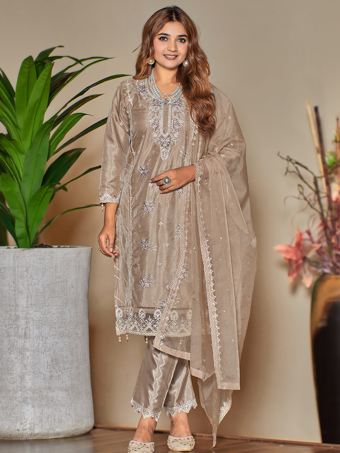 Elegant Beige Designer Semi-Stitched Pant Suit with Exquisite Embroidery - Perfect for Weddings, Parties & Formal Occasions