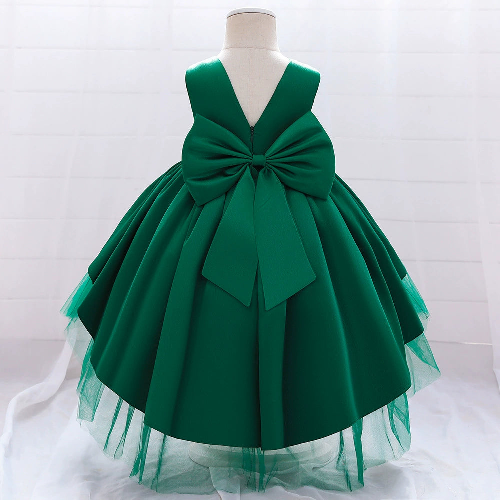 Green Princess Round Tea Length Satin Flower Girl Dress for Weddings & Special Occasions