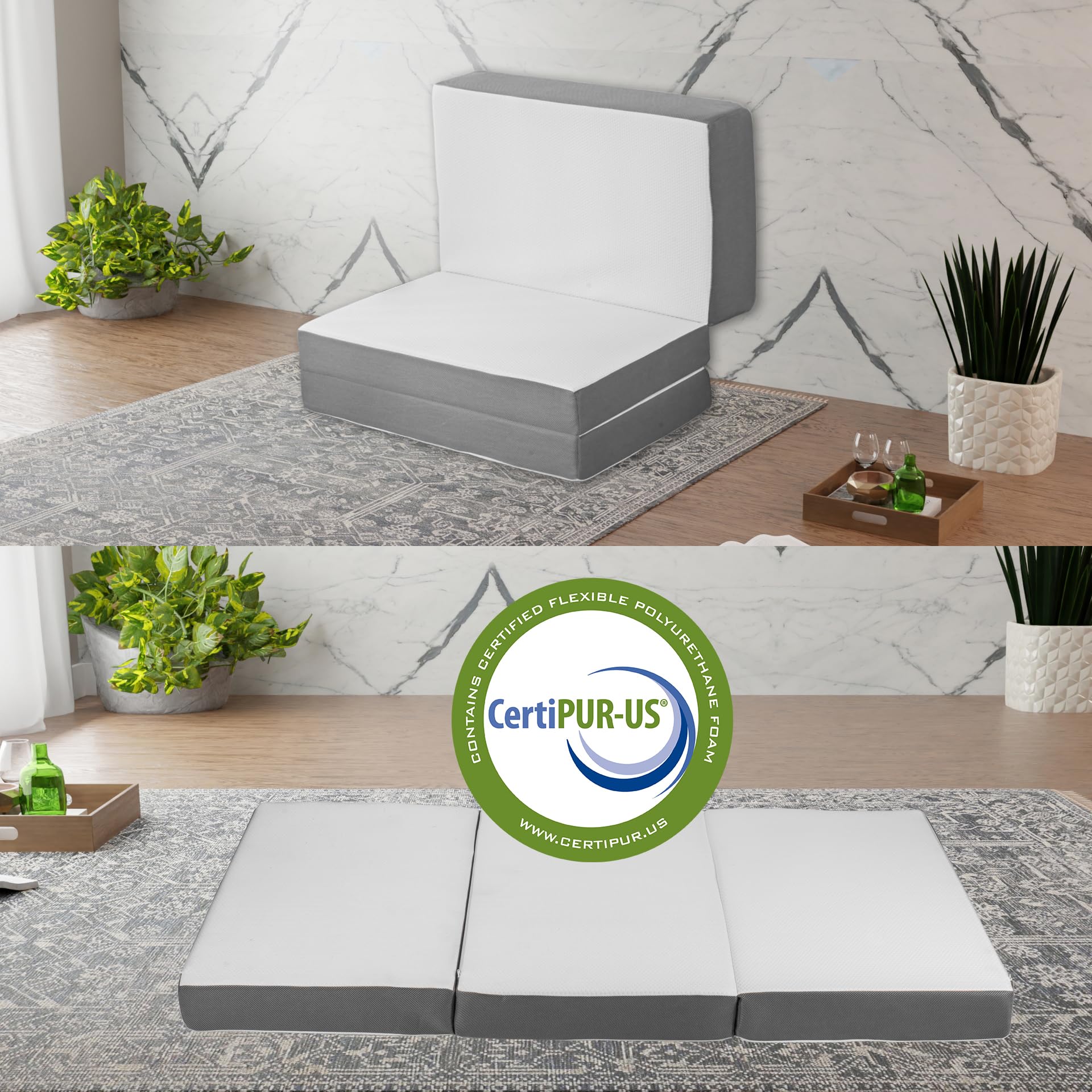 4-Inch Tri-Folding Gel Memory Foam Mattress with Zippered Removable Washable Cover - Portable Floor Mattress for Guest Bed, Cot Pad, Camping - Breathable Mesh Sides & Ultra Soft Comfort - 25-Inch White - Perfect for Home, Travel, Sleepovers and Emergency Guest Bedding