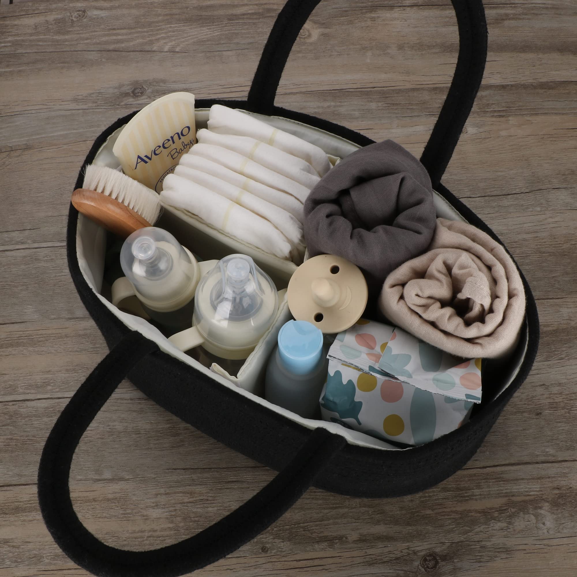 **Portable Baby Diaper Caddy Organizer - Cotton Rope Storage Bin Basket for Nursery, Changing Table & Travel - Perfect Baby Shower Gift & Registry Must-Have (Black)**    *(Great for organizing diapers, wipes, creams & newborn essentials at home or on-the-go!)*