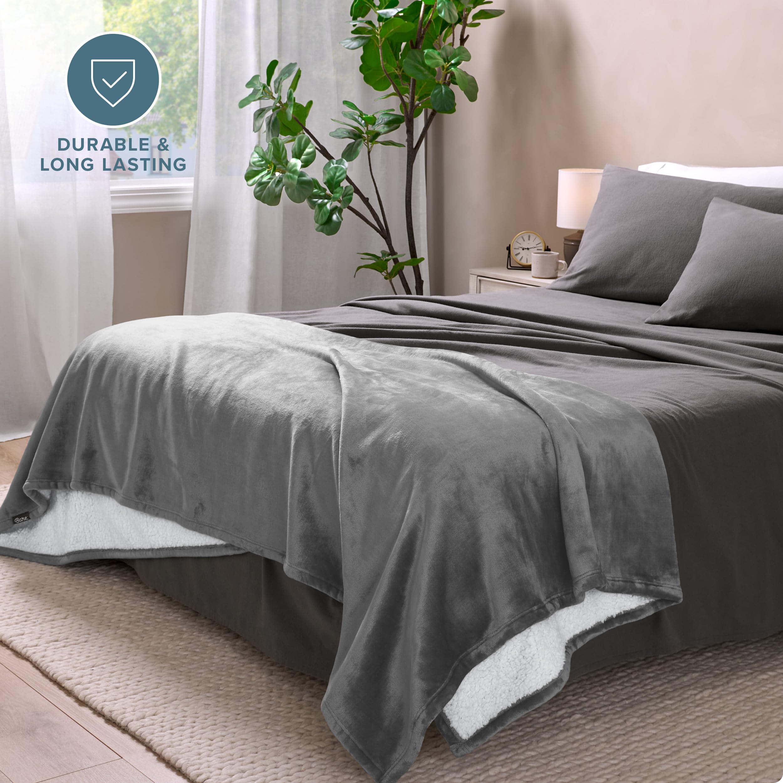 Bare Home Sherpa Fleece Blanket - Ultra Soft Reversible King Size Blanket for Bed, Couch & Travel - Warm Lightweight Plush Throw - Grey - Perfect for Cozy Nights, Movie Time & Camping Trips