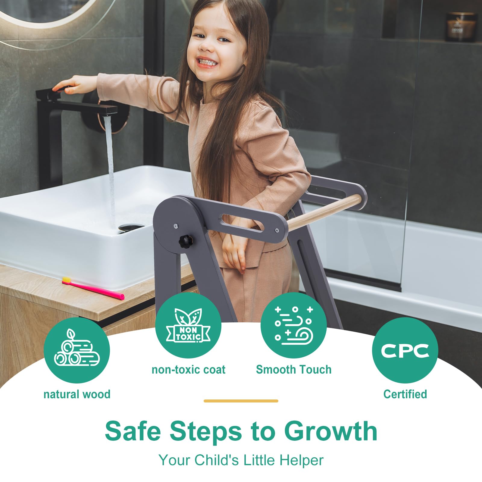 Foldable Toddler Tower - Adjustable Kitchen Step Stool for Kids 1.5-6 Years | 3 Height Settings with Non-Slip Safety Strips | Montessori Learning Tower for Cooking, Baking & Washing Hands at Sink (Gray) - Perfect for Kitchen Counter Access & Independent Play