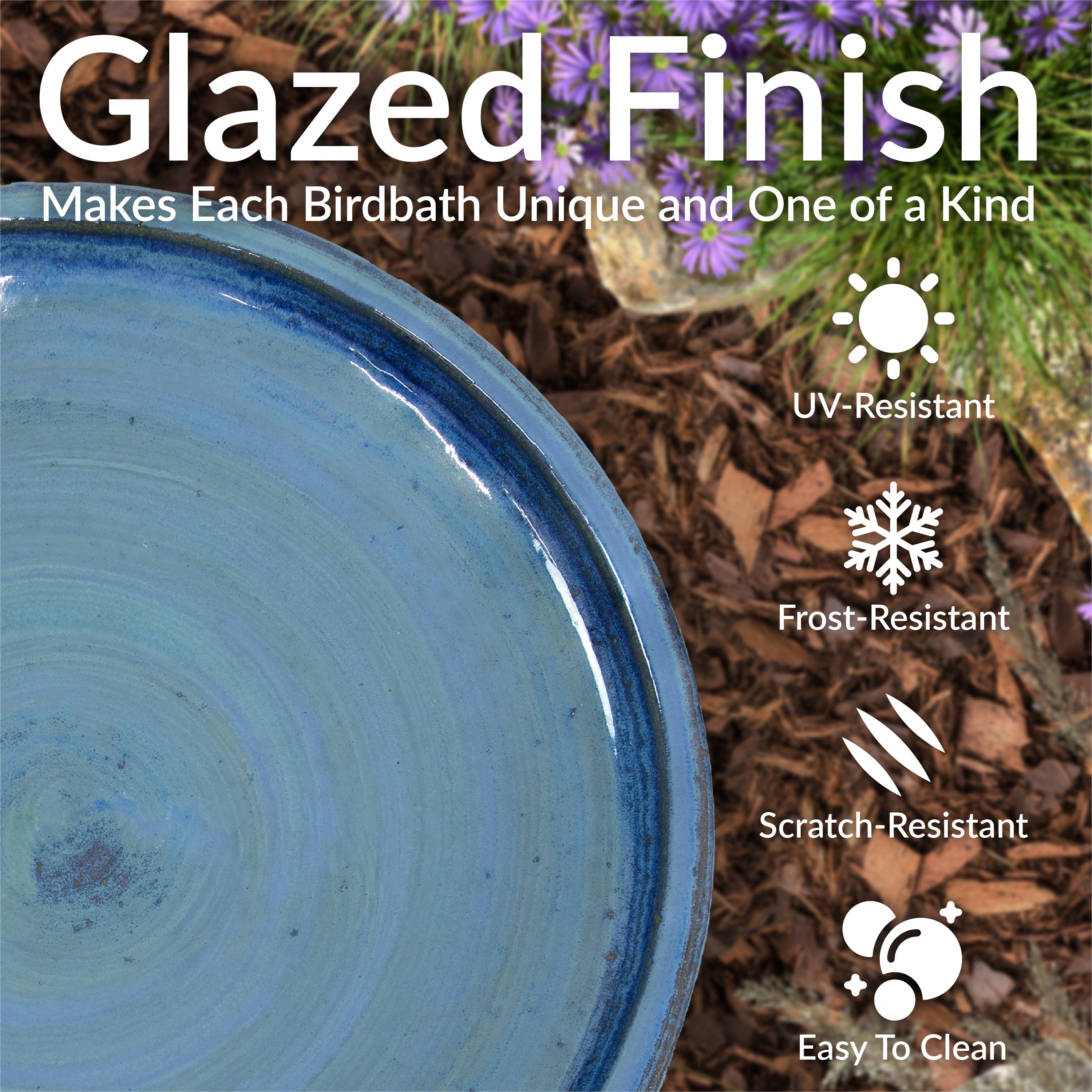 Sunnydaze 18 Inch Glazed Ceramic Outdoor Bird Bath - Garden Decor for Attracting Birds & Enhancing Outdoor Spaces