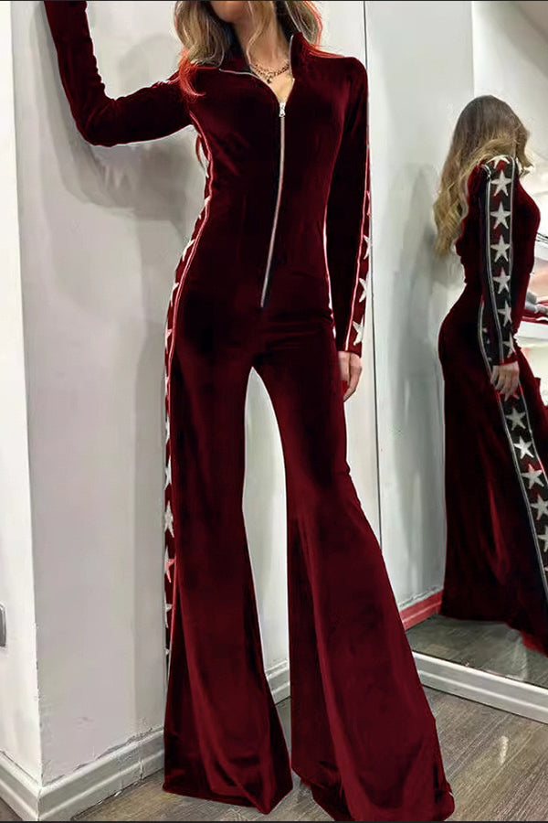 Stylish Star Print Velvet Patchwork Zipped Wide Leg Jumpsuit for Women | Trendy Plus Size Romper | Perfect for Parties, Date Nights & Casual Outings