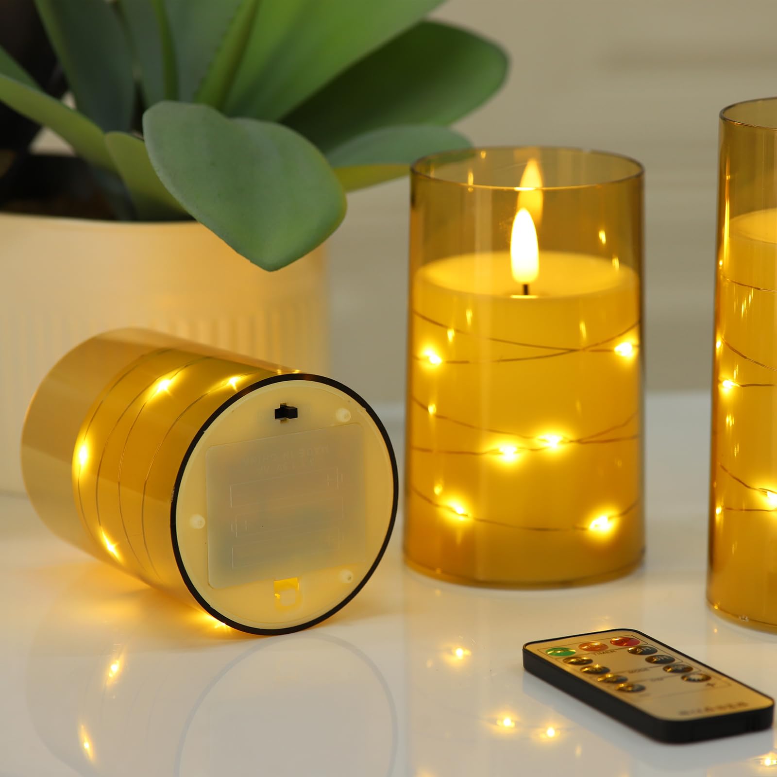 Flameless LED Candles with Remote & Timer - Battery Operated Flickering Candles for Romantic Ambiance, Halloween Decor - Durable Acrylic Shell with Embedded Star String - Perfect for Weddings, Dinner Parties & Relaxation