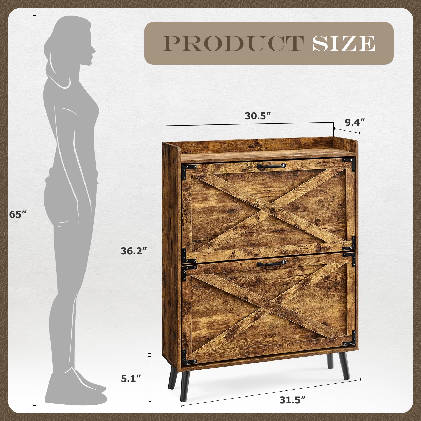 Farmhouse Style Shoe Cabinet with 2 Flip Drawers - Freestanding Entryway Shoe Organizer for Hallway, Porch & Living Room - Compact Hidden Storage with Detachable Racks - Classic Brown Shoe Rack for Small Spaces & Home Organization