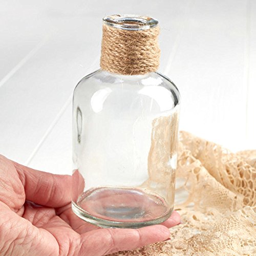 Handmade Clear Glass Apothecary Bottles with Jute Wrapped Neck - Set of 4 Small Decorative Jars for DIY Crafts, Wedding Centerpieces, Bathroom Storage & Home Decor