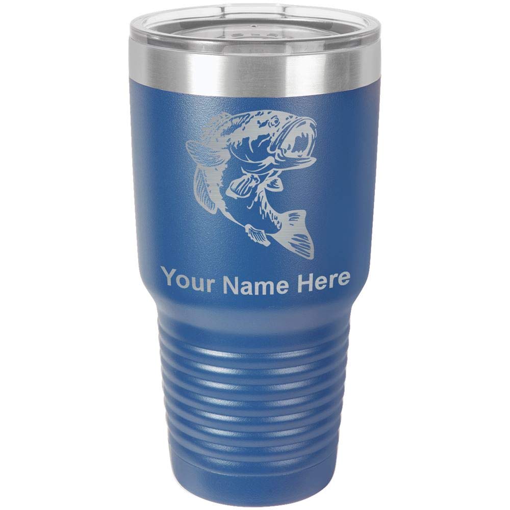 LaserGram 30oz Vacuum Insulated Stainless Steel Tumbler Mug with Bass Fish Design - Personalized Engraving Included (Dark Blue) - Perfect for Outdoor, Camping, Fishing & Office Use