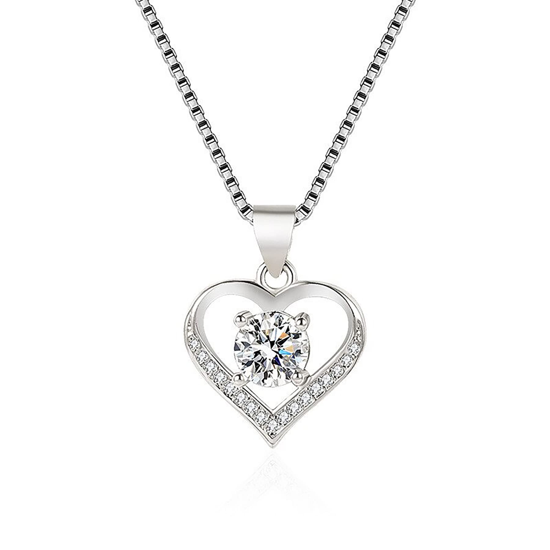 925 Sterling Silver Love Heart Cubic Zirconia Pendant Necklace 18