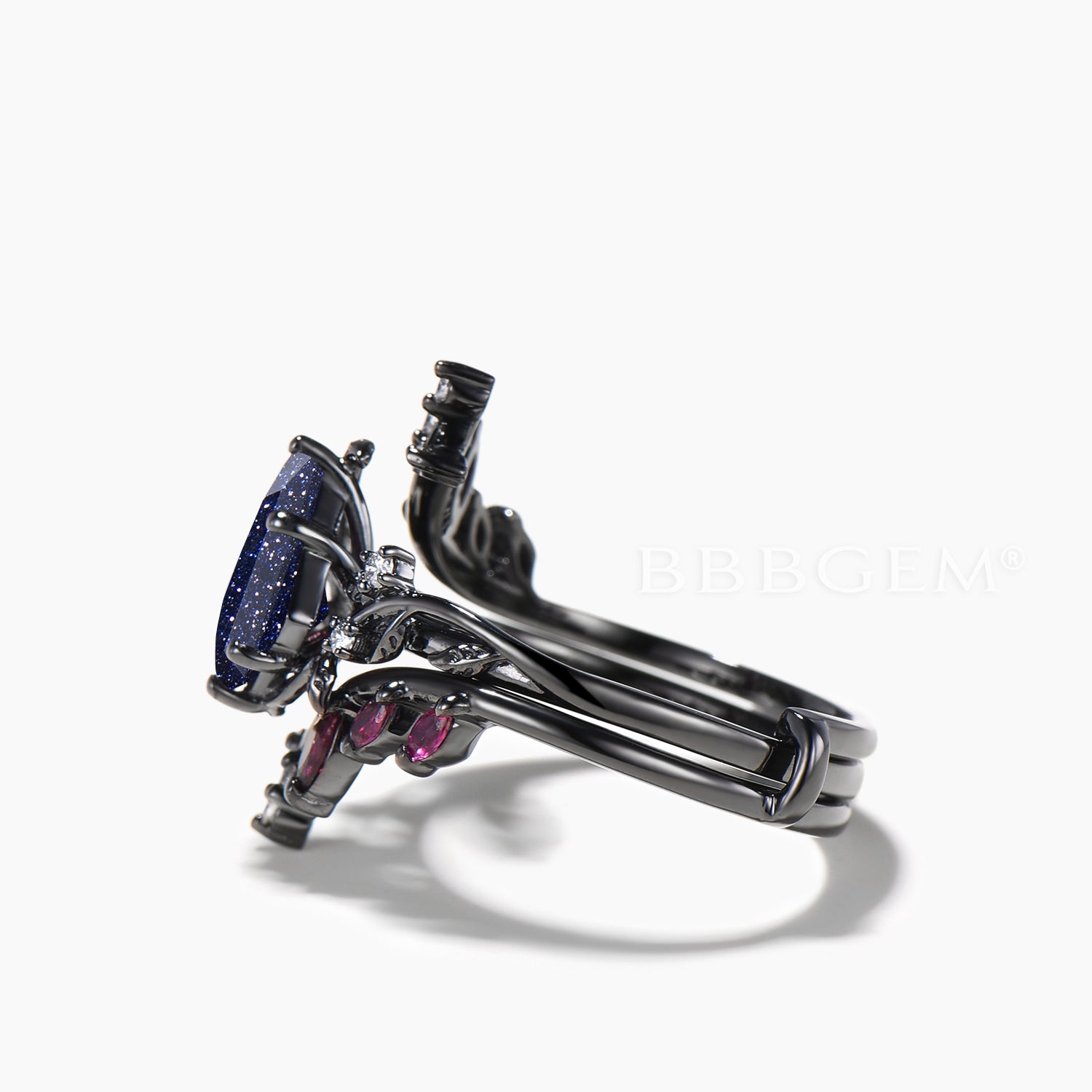 Twig Bridal Set - Kite Cut Blue Sandstone Leaf Engagement Ring with Ruby Wedding Band for Women | Nature-Inspired Wedding Jewelry for Engagement, Proposal & Anniversary Gifts