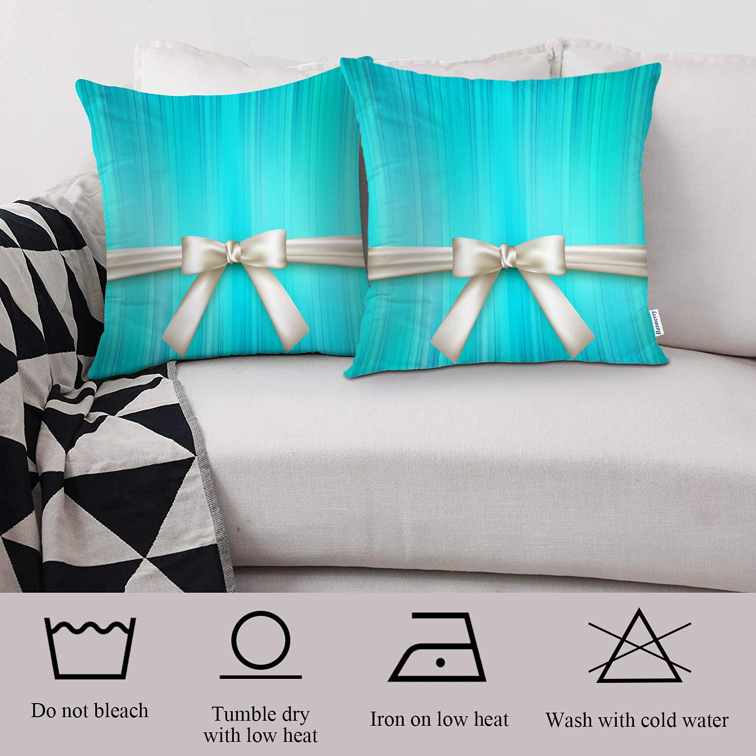 Batmerry 20x20 Inch Turquoise Blue & White Striped Satin Bow Pillow Covers Set of 2 - Elegant Double Sided Square Throw Pillow Cases for Sofa, Bed, Couch - Perfect for Holiday Decor, Wedding Gifts & Home Decoration