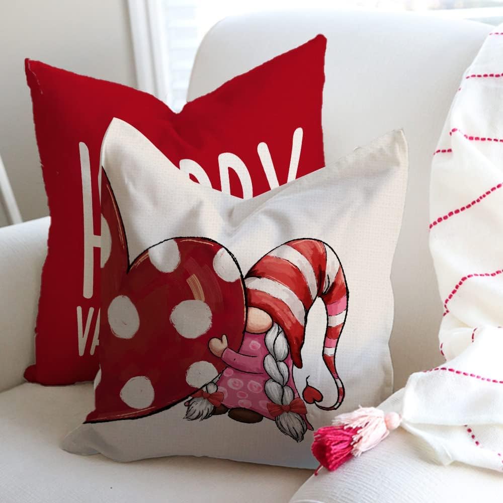 Valentine's Day Pillow Covers 20x20 Inch Set of 4 - Red Polka Dot Heart Gnome Decor for Home, Couch & Bedroom - Romantic Throw Pillow Covers for Valentine's Gifts, Couples & Anniversary Decorations