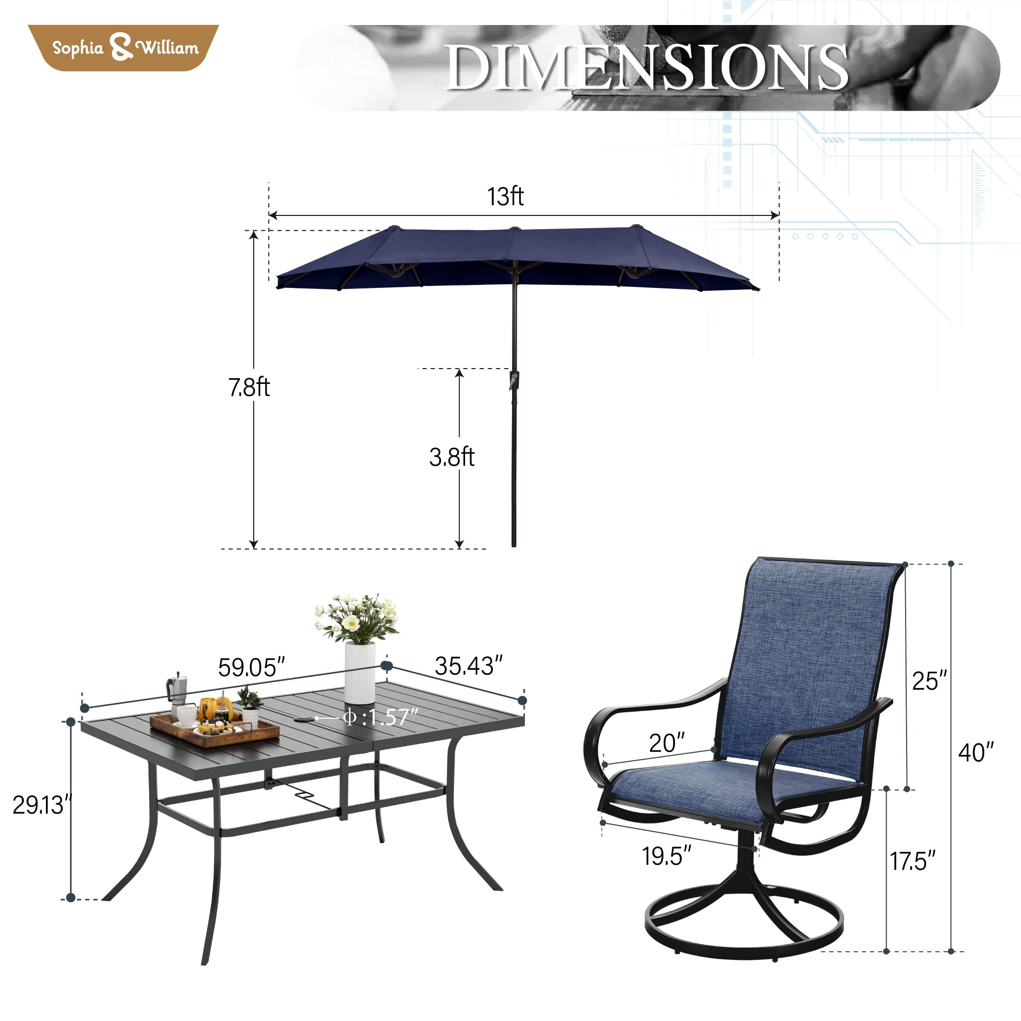 Sophia & William 8-Piece Outdoor Dining Set with 13ft Navy Patio Umbrella - 6 Blue Swivel Chairs & 59