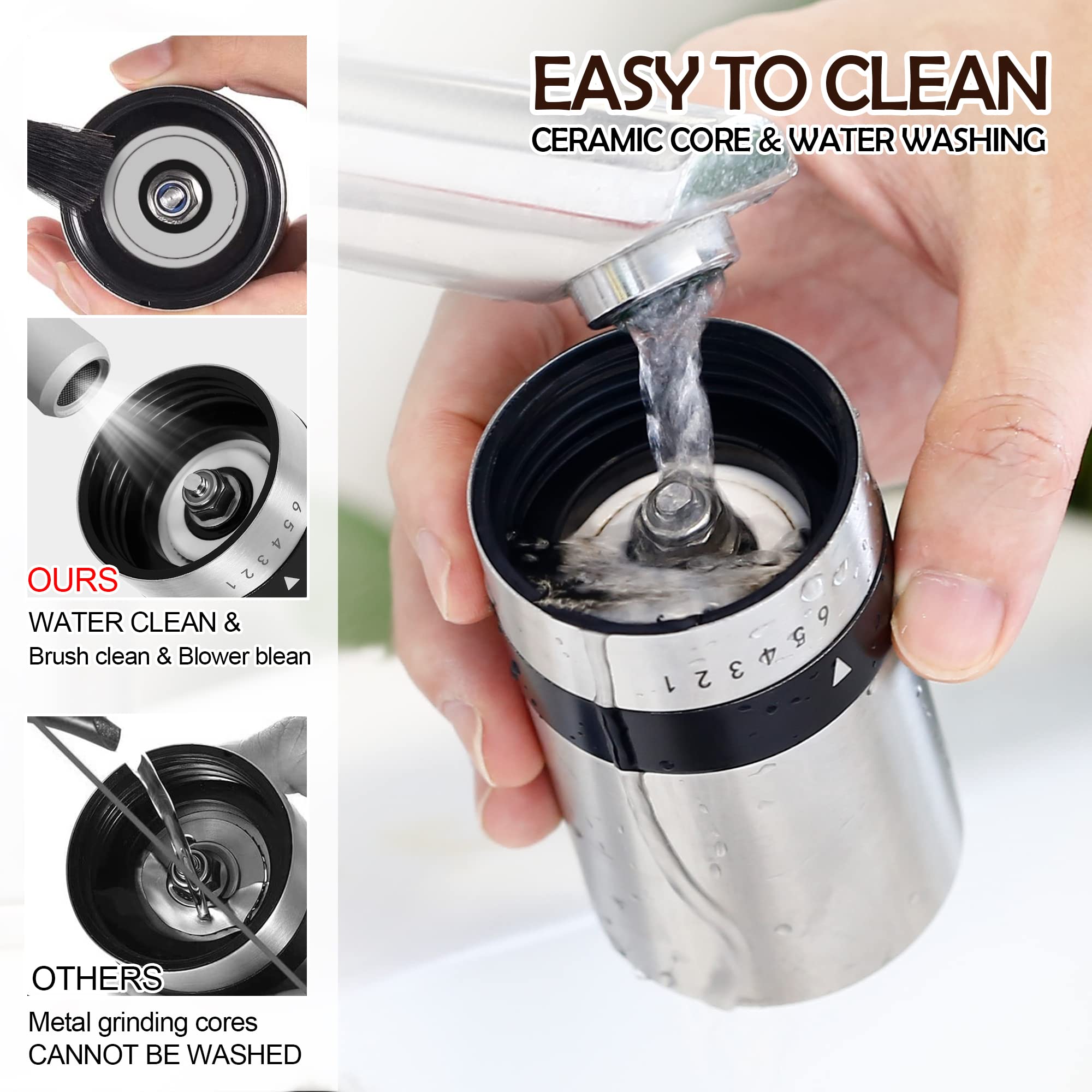 Premium Manual Stainless Steel Coffee Grinder - 6 Adjustable Grind Settings, Ceramic Burr Mill for Espresso, French Press & Drip Coffee | Portable Hand Crank Design Perfect for Camping, Travel & Home Brewing (TRIPLE TREE Brand)