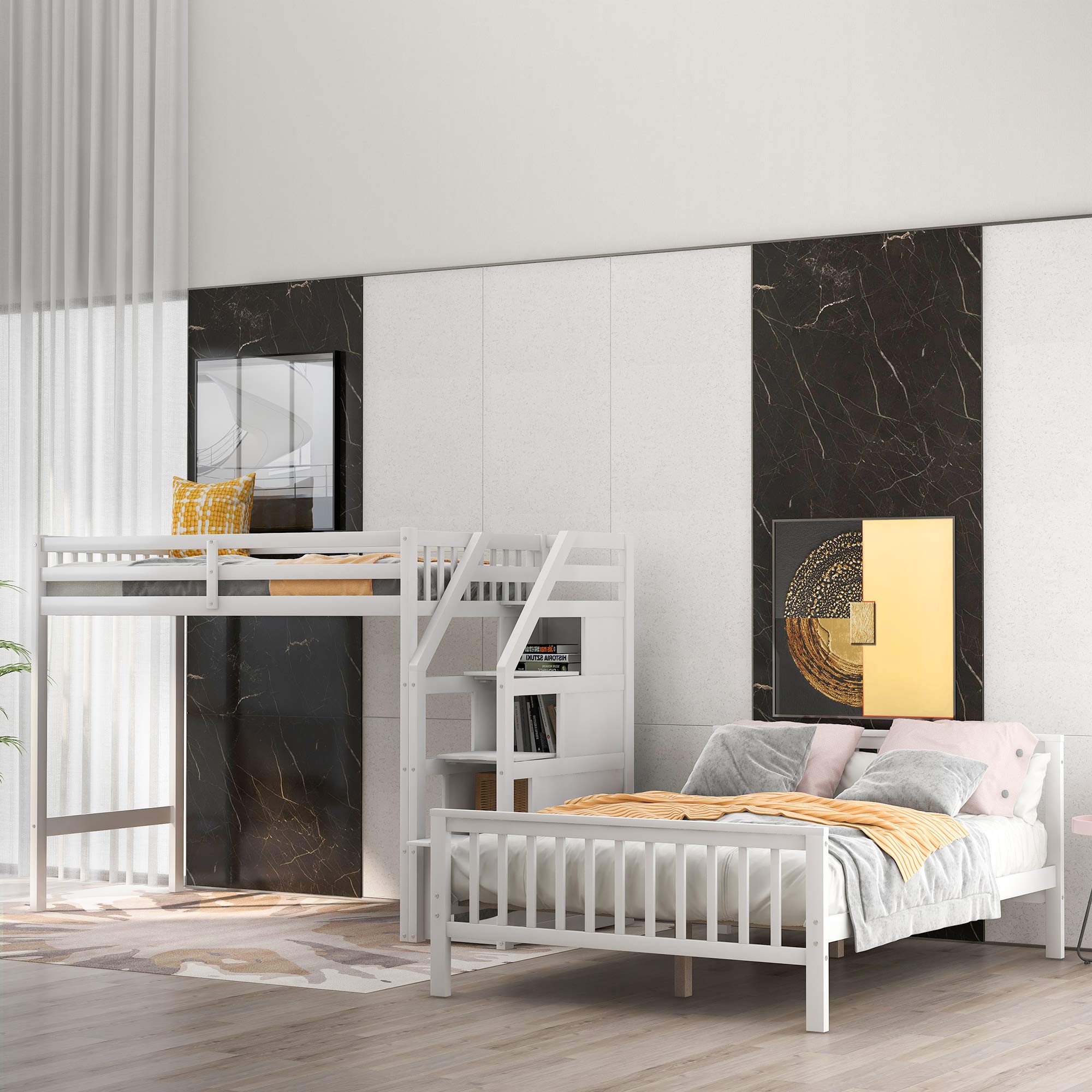 LZ LEISURE ZONE Twin Over Full Loft Bed with Storage - Solid Wood Bunk Bed Frame, No Box Spring Needed (White) - Perfect for Kids' Bedrooms, Guest Rooms & Small Spaces