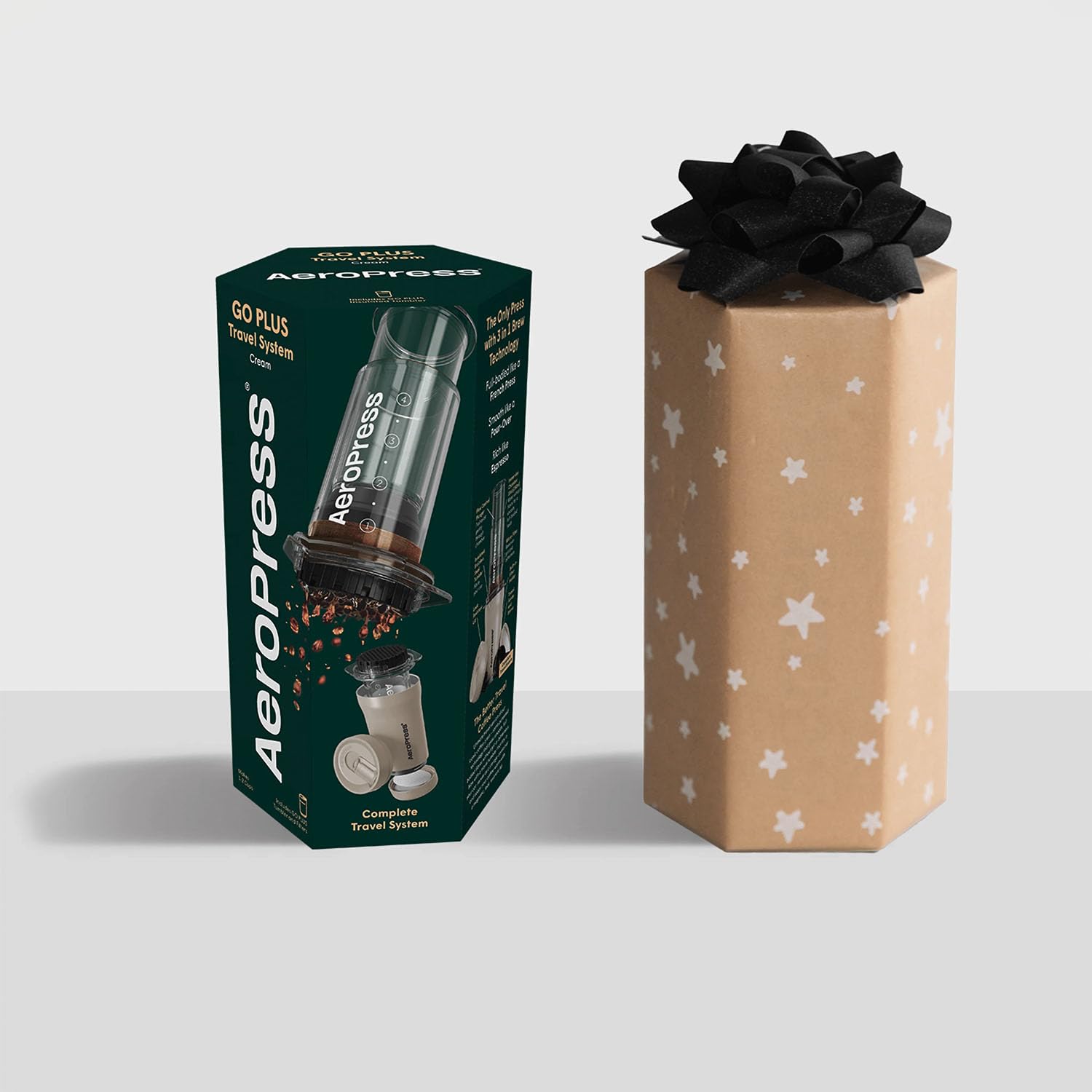 AeroPress Go Plus Portable Travel Coffee Maker - 3-in-1 French Press, Pour Over & Espresso Brewer for Camping & Outdoor Use - Bitter-Free Full-Bodied Coffee Kit with Cream (Ideal for Backpacking, Road Trips & Office Use)