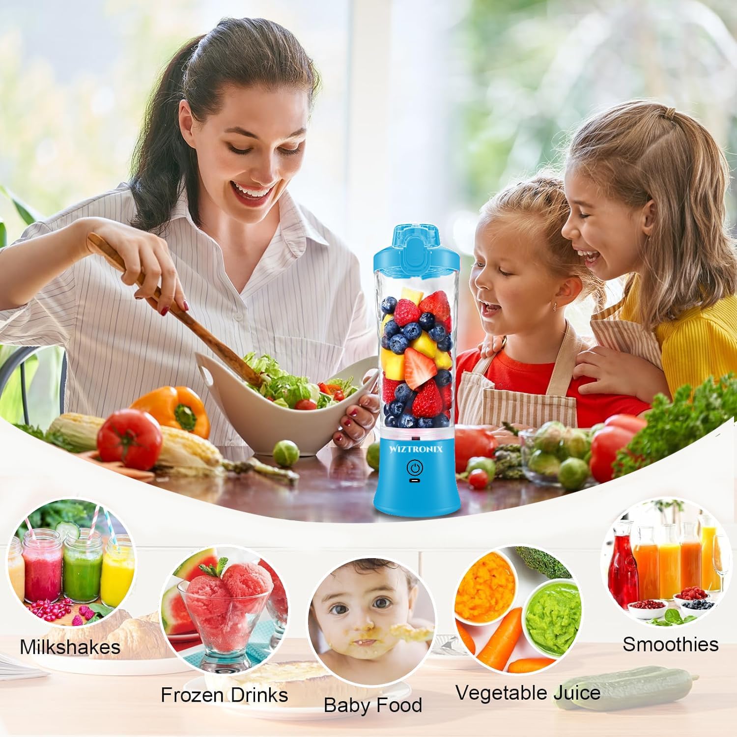 WIZTRONIX 21oz Portable Blender - Cordless, BPA-Free, USB-C Rechargeable with Stainless Steel Blades - Perfect for Smoothies, Protein Shakes & Cocktails On The Go, Gym, Office & Travel - Blue Personal Blender Cup Included