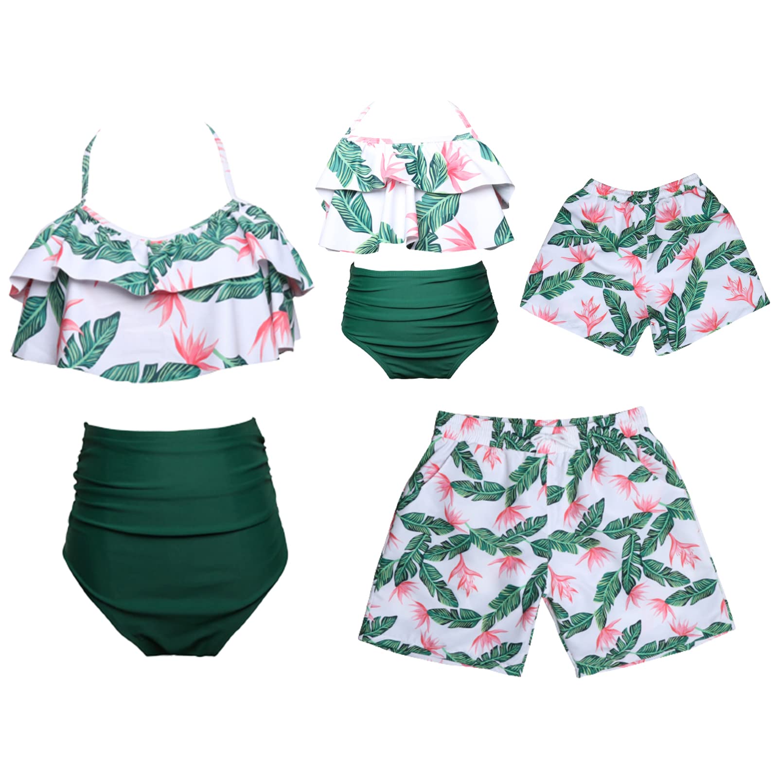 Family Matching Swimsuits Set - Tropical Leaves Print Summer Bathing Suits for Women & Kids - Beach Vacation Swimwear for Pool, Water Park & Family Photos