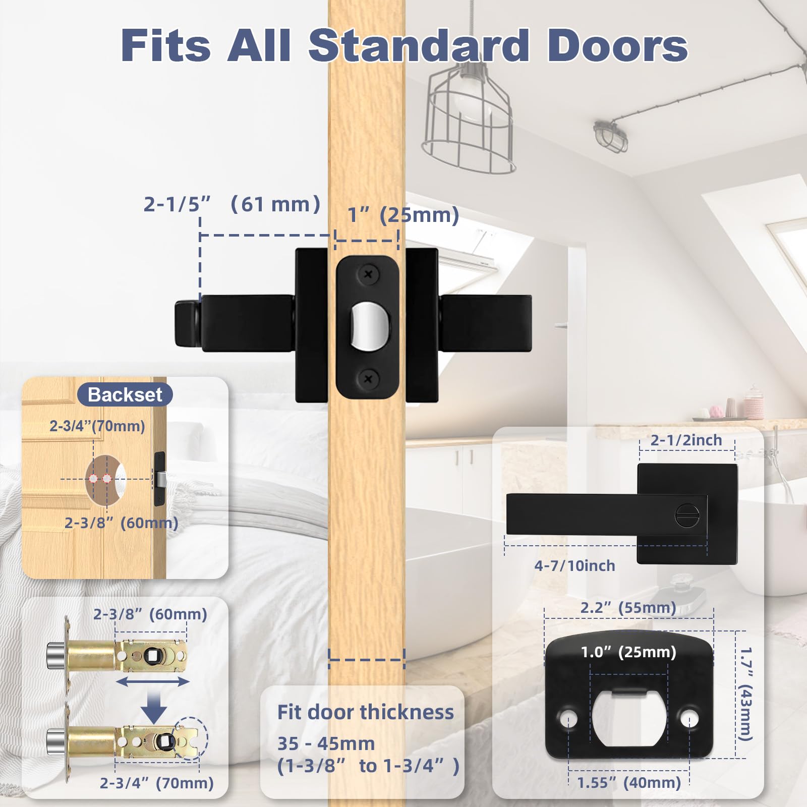 6 Pack Matte Black Door Handles - Keyless Square Privacy Levers for Bedroom & Bathroom - Heavy Duty Reversible Design