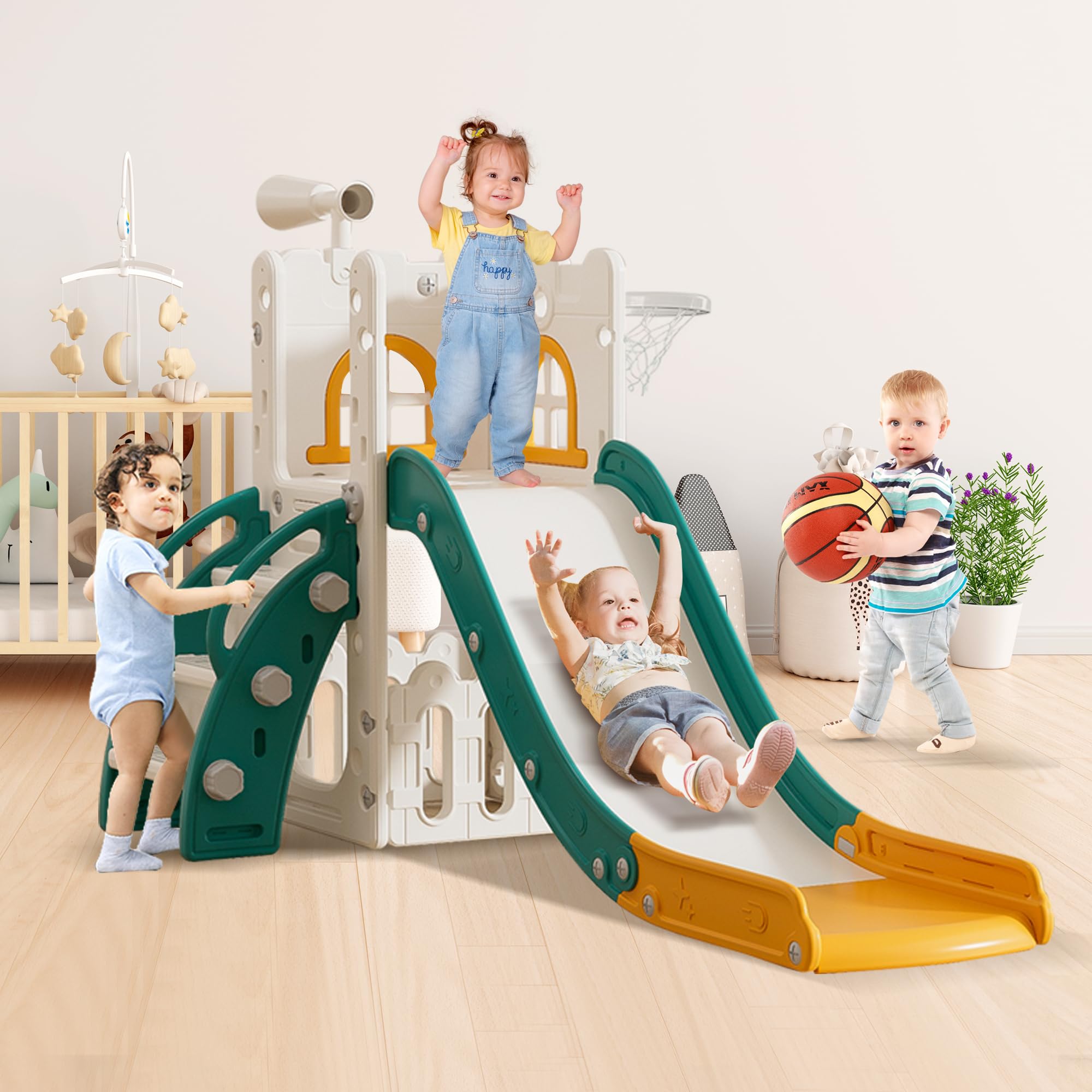 7 in 1 Toddler Slide Playset for Kids Ages 1-3 - Indoor/Outdoor Slide with Basketball Hoop & Telescope - Perfect for Backyard, Playroom & Preschool Playground Activities