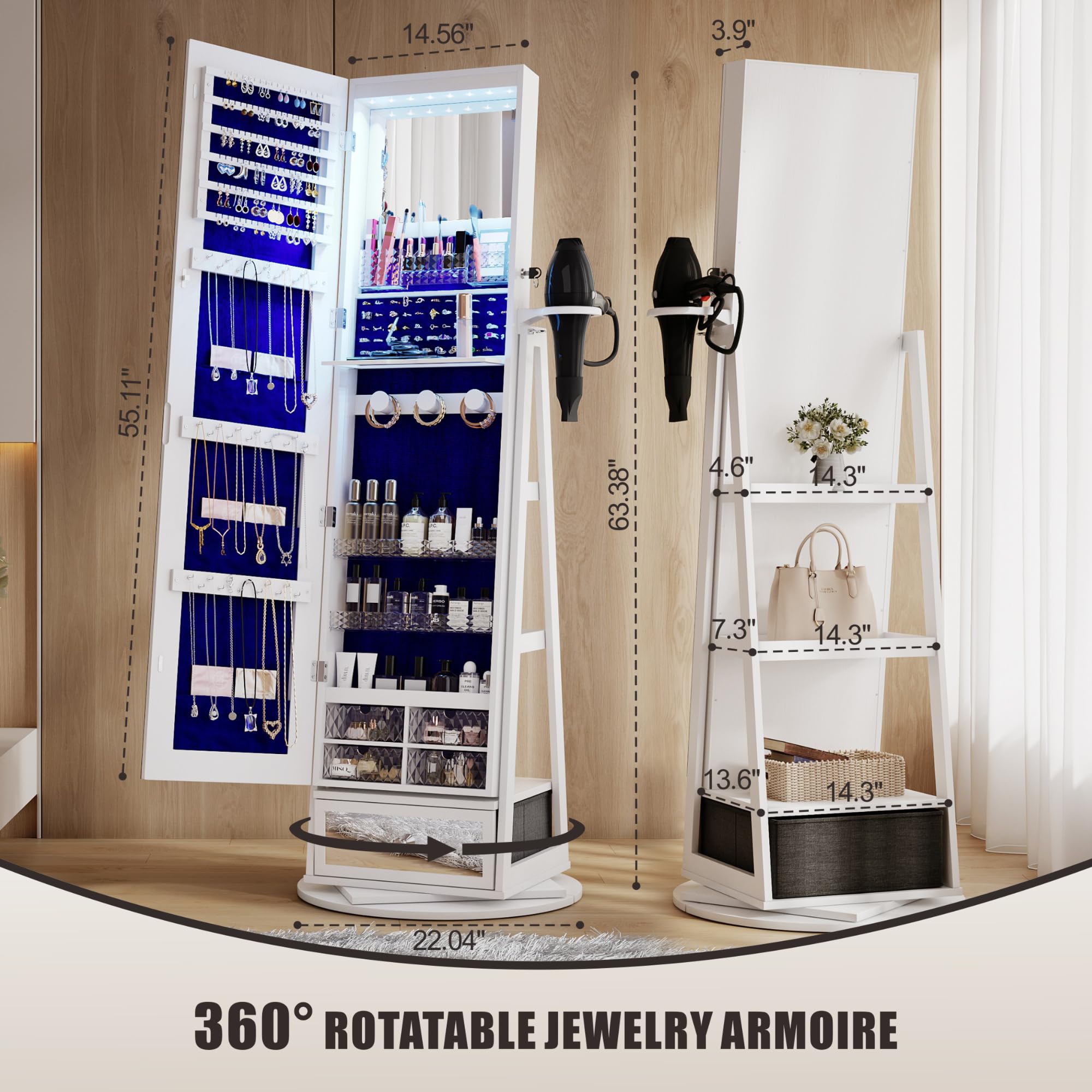 HWB Full-Length Mirror with Jewelry Storage & LED Lights - 360° Swivel Standing Jewelry Cabinet Organizer with Foldable Makeup Shelf - White | Bedroom Vanity, Dressing Room & Closet Organization Solution