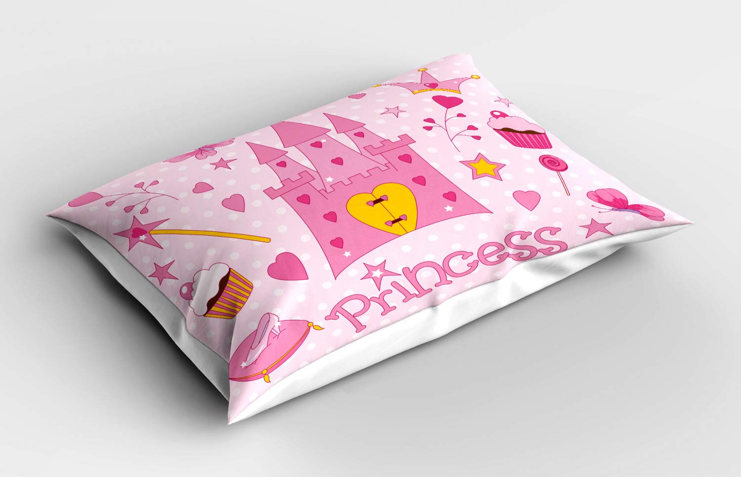 Ambesonne Cartoon Tiara Slippers Castle Butterfly Heart Lollipop Wand Cupcake Printed Pillow Sham | Standard Size 26