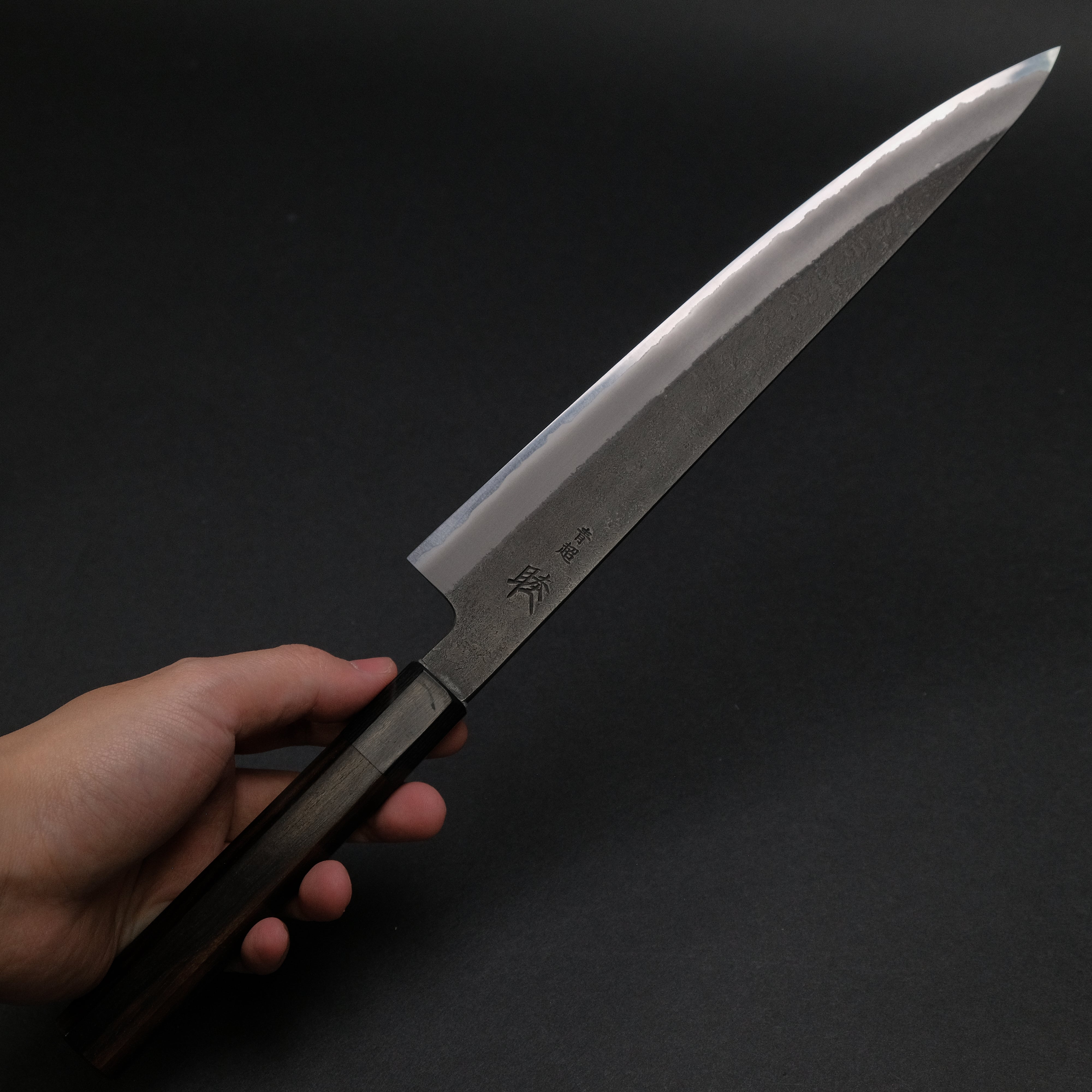 Premium 240mm Sujihiki Japanese Slicing Knife - Mutsumi Blue Super Steel, Kurouchi Nashiji Finish, Ebony Handle - Perfect for Sushi, Sashimi & Meat Carving