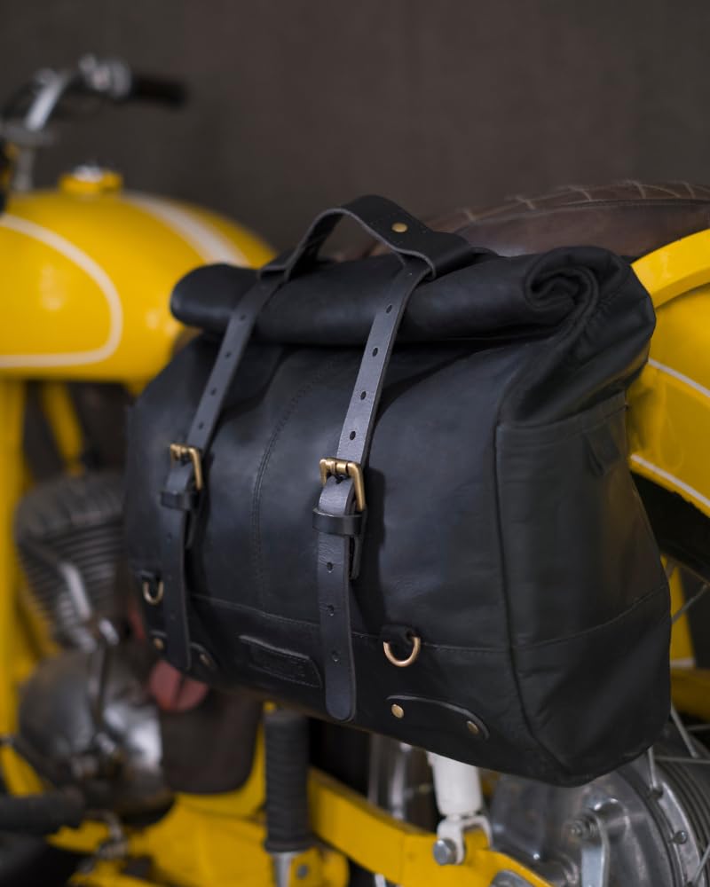 Trip Machine Company Genuine Leather Motorcycle Saddlebag - Outlaw Style with Mounting Straps & Rain Cover (17L, Black) - Perfect for Harley, Cruiser & Touring Bikes