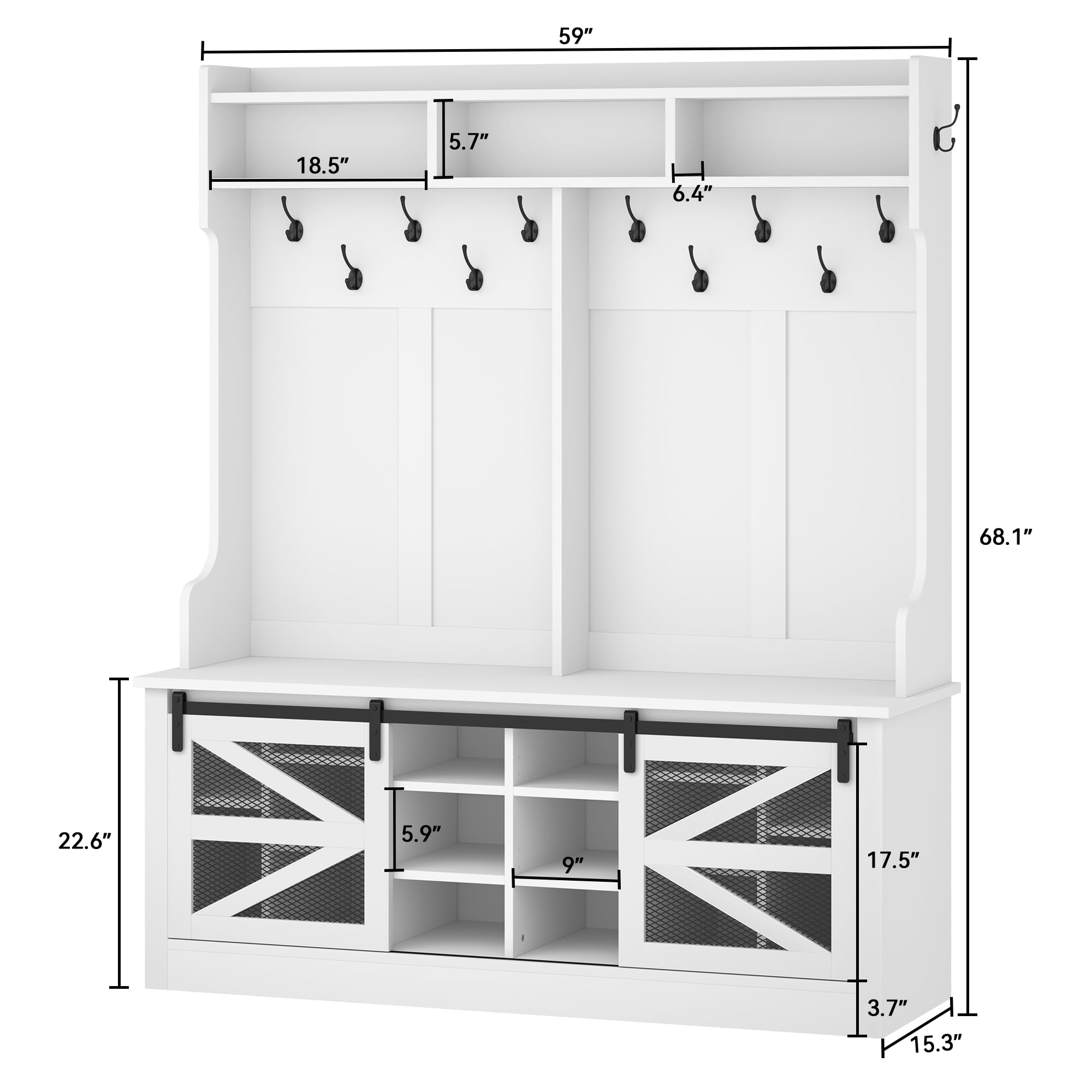 Farmhouse Entryway Hall Tree with Shoe Storage & Coat Rack - Freestanding Bench with 16 Shoe Cubbies & 12 Hooks - White Sliding Barn Door Organizer for Entryway, Mudroom, or Hallway - Perfect for Storing Shoes, Coats, and Accessories