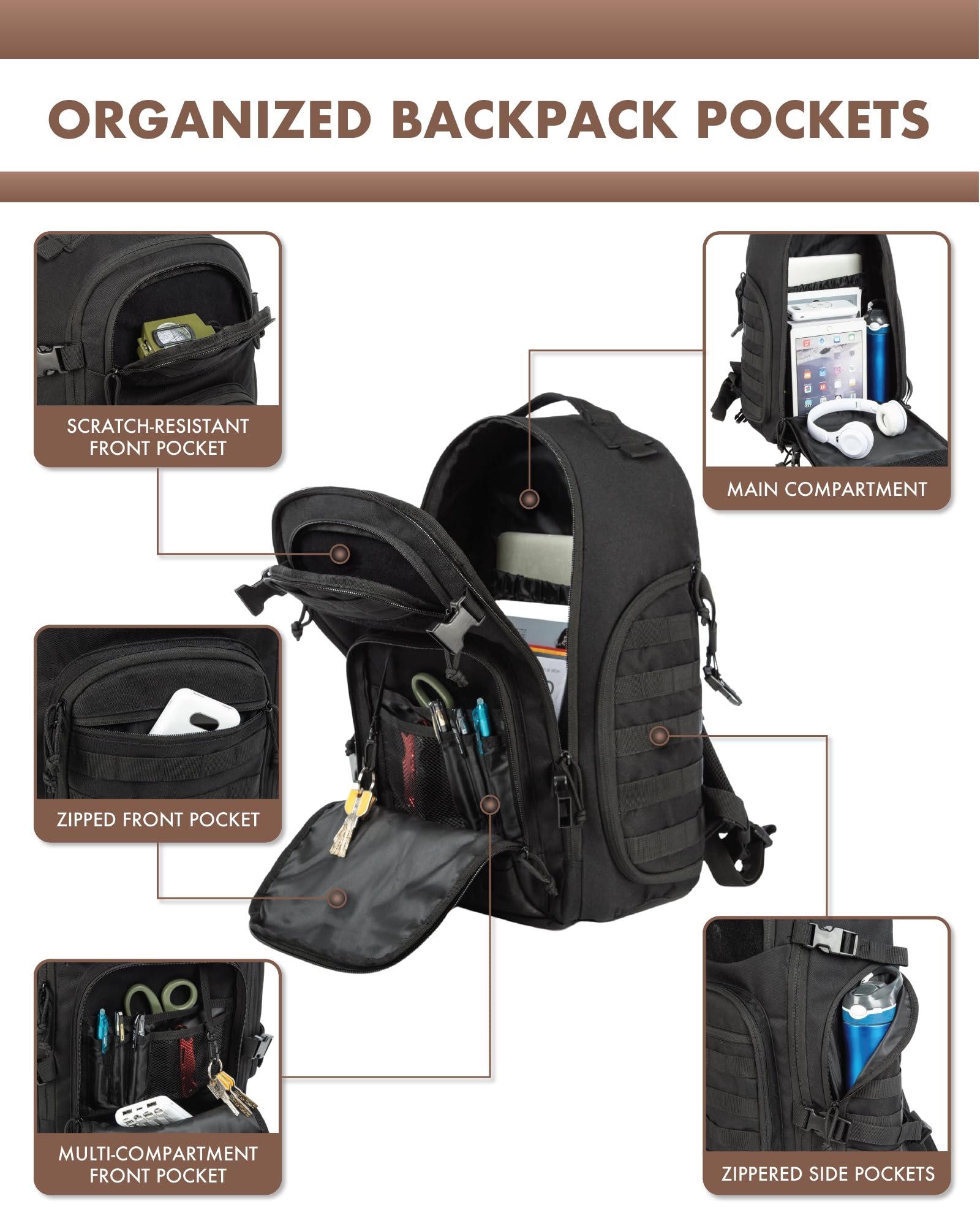 Tactical Laptop Backpack for Men - Durable Military Style Backpack with Laptop Compartment (Black) - Perfect for Work, Travel & Outdoor Adventures