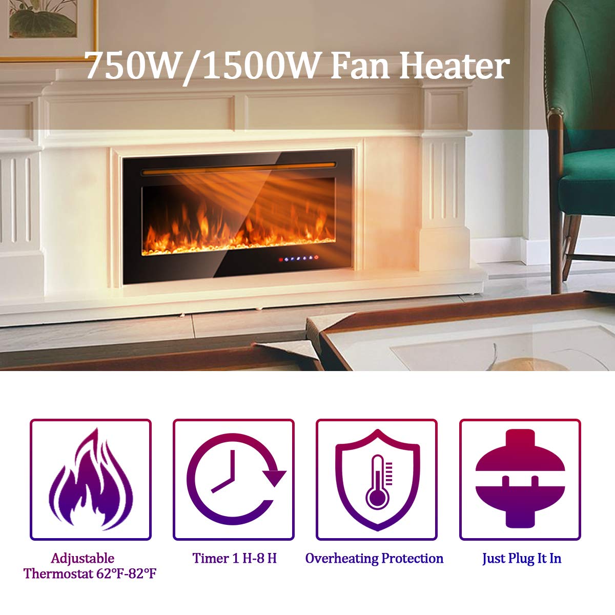 COSTWAY 36-Inch Electric Fireplace Insert - 750W/1500W Recessed Wall Mount Fireplace with Remote Control, 9 Flame Colors & 5 Brightness Settings, 8-Hour Timer - Indoor Fireplace Heater for Living Room, Bedroom & Office