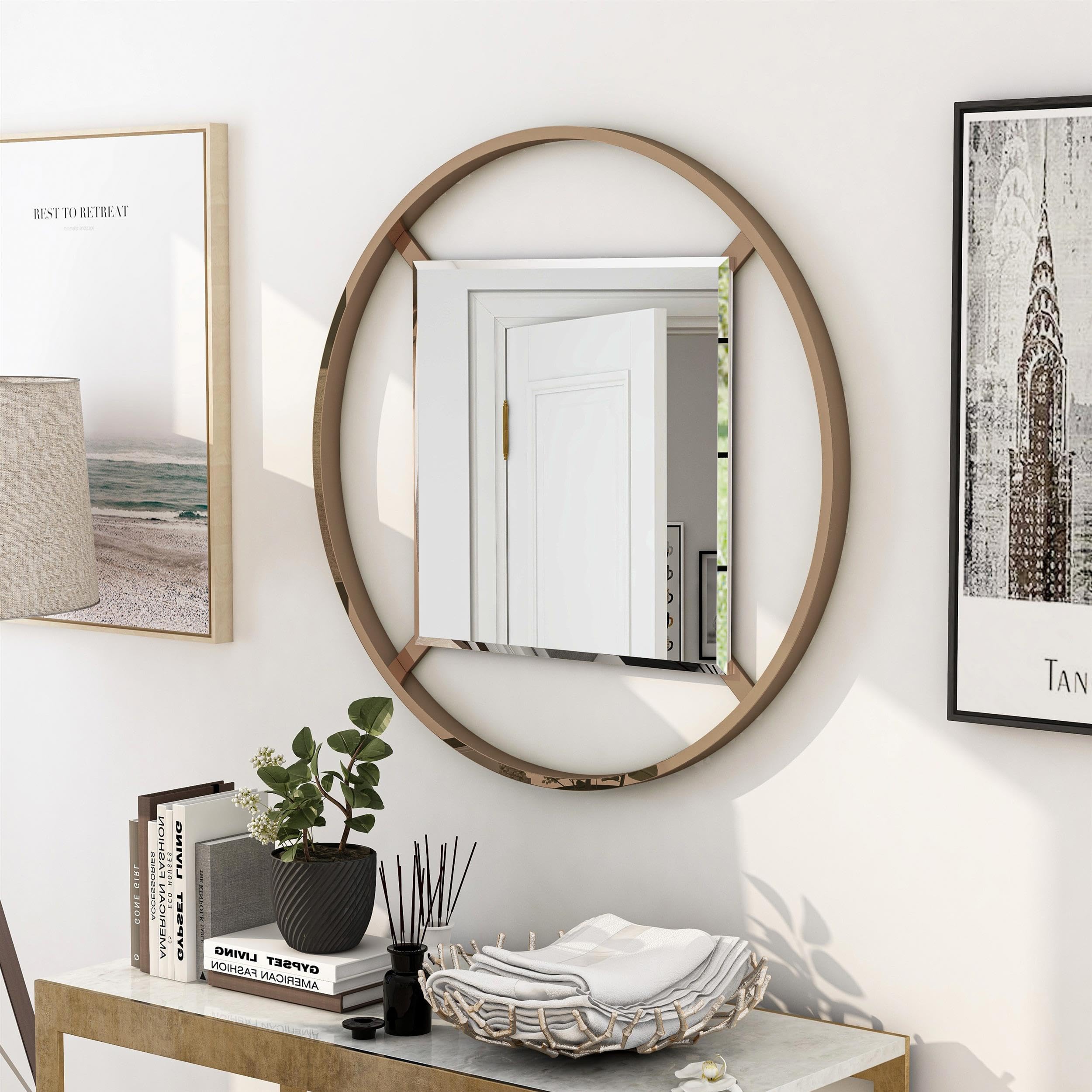 Furniture of America Norman Gold Champagne Metal Frame Beveled Wall Mirror - Elegant Home Decor for Living Room, Bedroom & Entryway